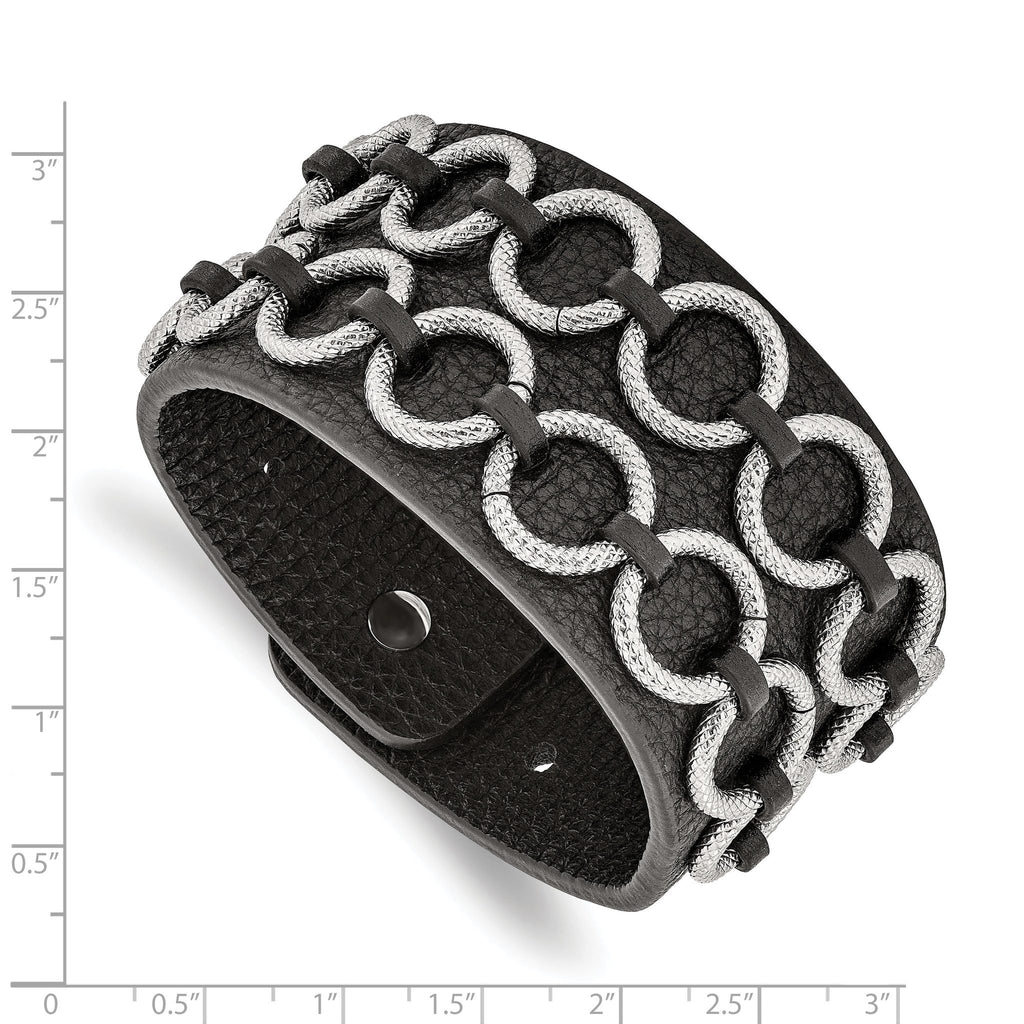 Stainless Steel Polished Textured Black Leather Bracelet for Men
