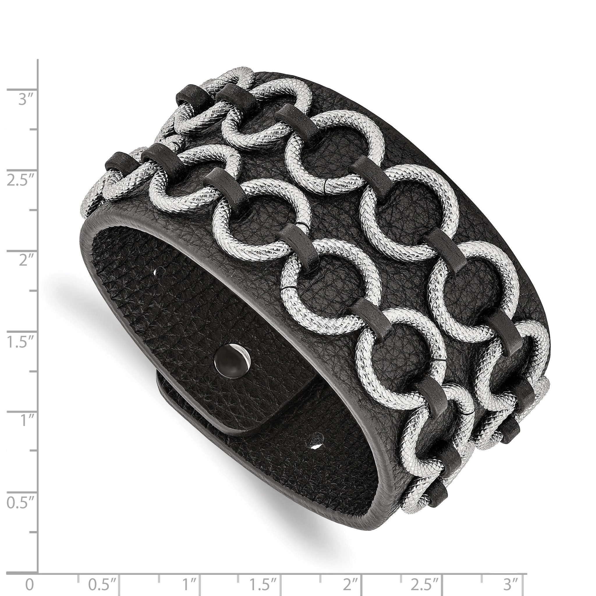Stainless Steel Polished Textured Black Leather Bracelet for Men