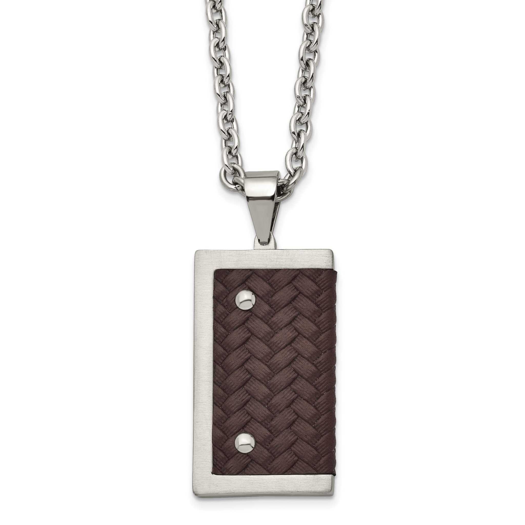 Stainless Steel Brushed & Polished Reversible w/Brown Leather Necklace Main image