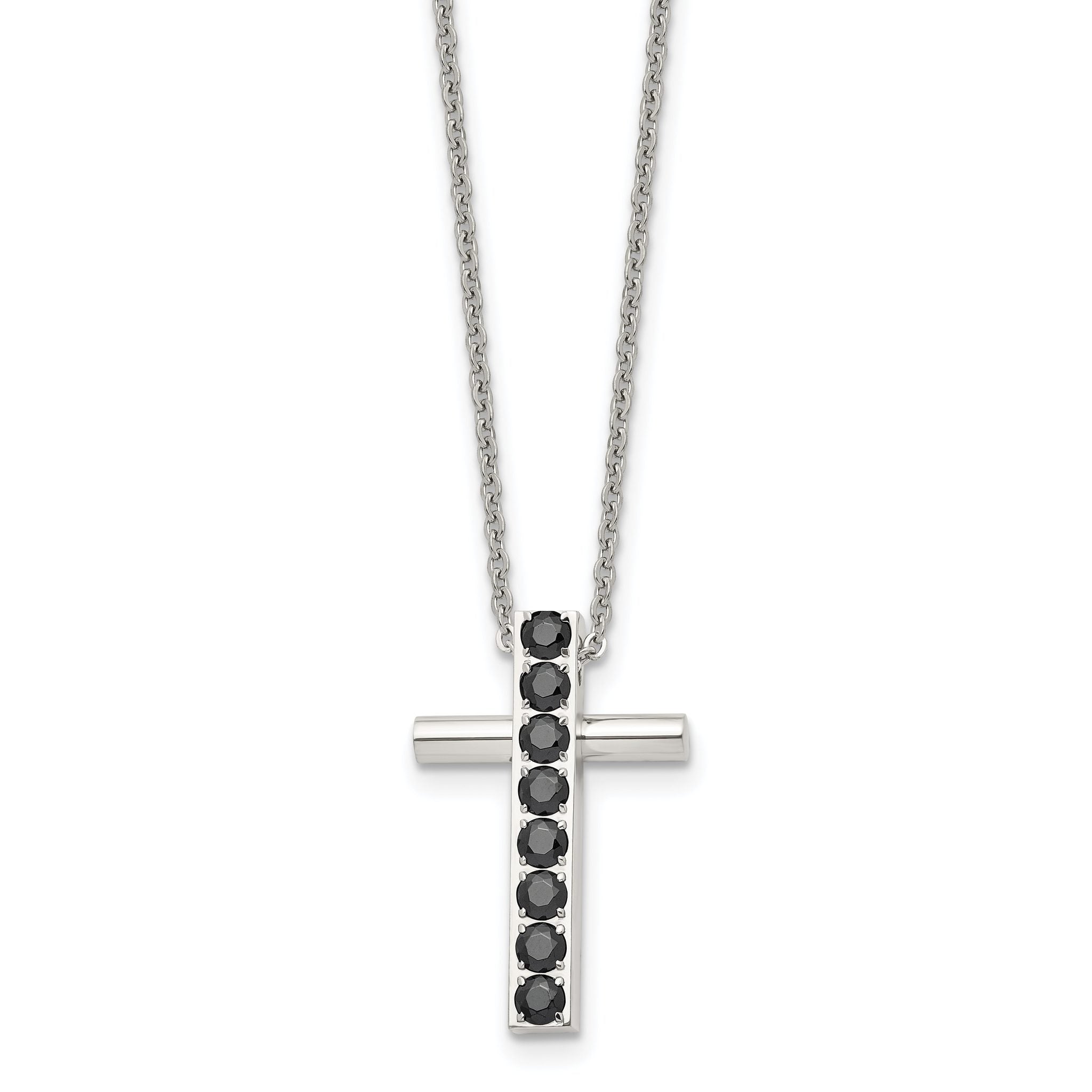 Stainless Steel Polished w/Black CZ Cross 22in Necklace Main image