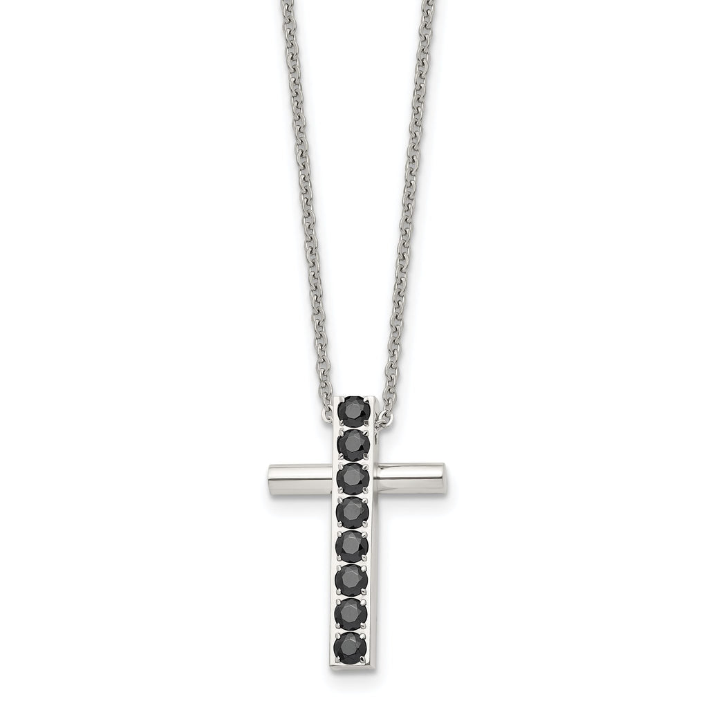 Stainless Steel Polished w/Black CZ Cross 22in Necklace
