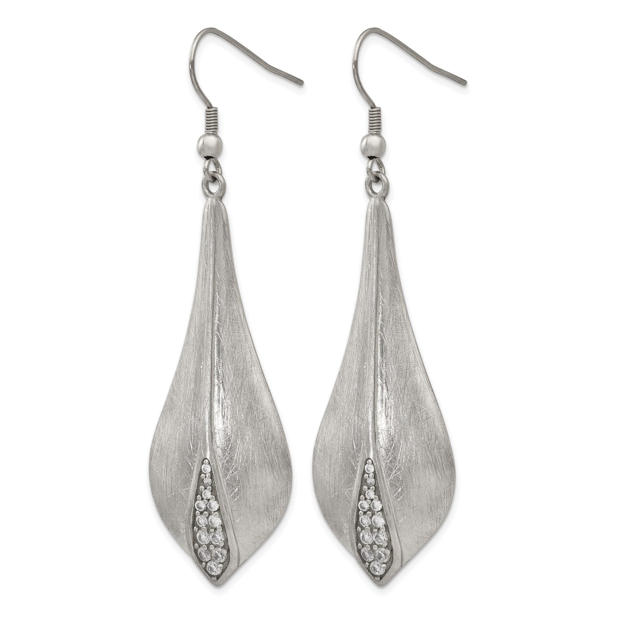 Stainless Steel Polished & Brushed Cubic Zirconia Drop Dangle Earrings for Women