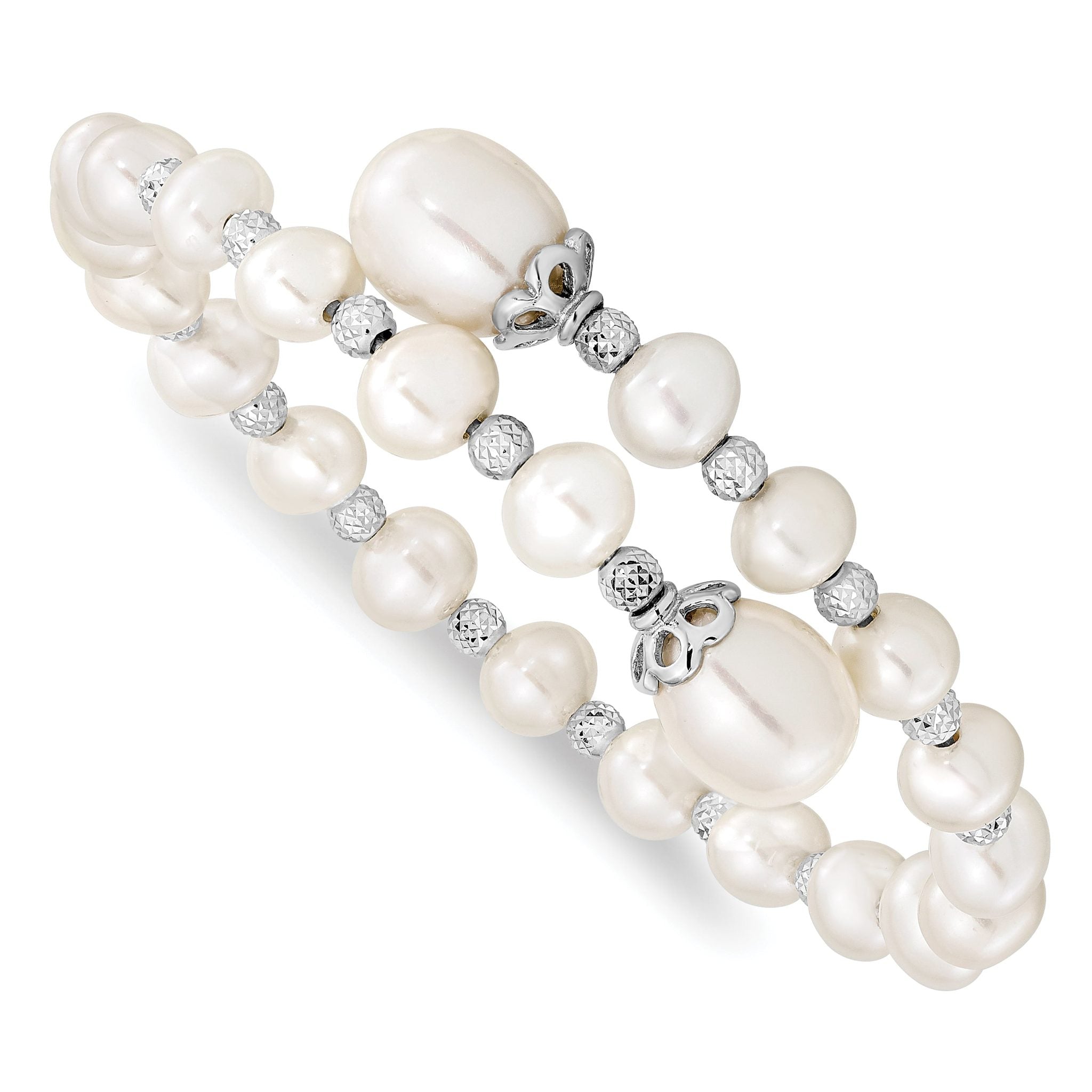 Sterling Silver 925 Pearl Wrap Bracelet with Rhodium-Plated Diamond Cut Beads