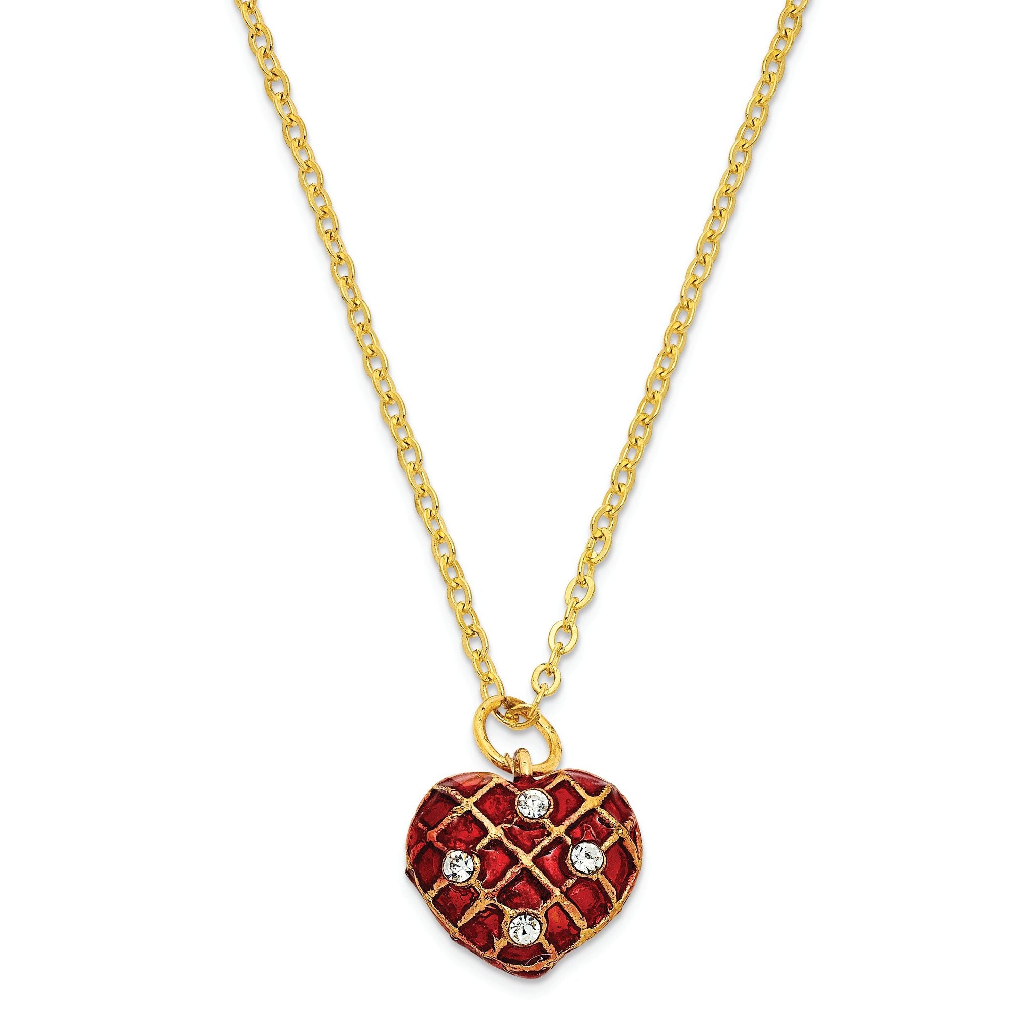 Luxury Giftware by Jere Pewter Bejeweled Crystals Gold-tone Enameled SCARLET HEART Carriage With Ring Pad Trinket Box with Matching 18 Inch Necklace