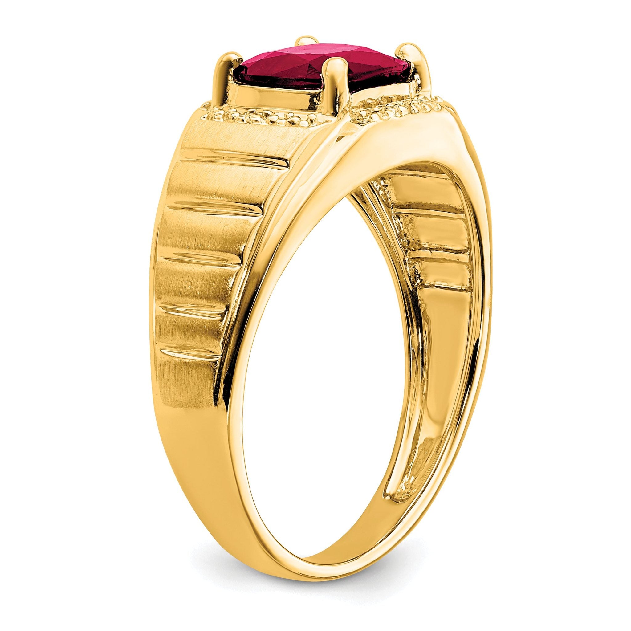 14k Cushion Created Ruby and Diamond Mens Ring