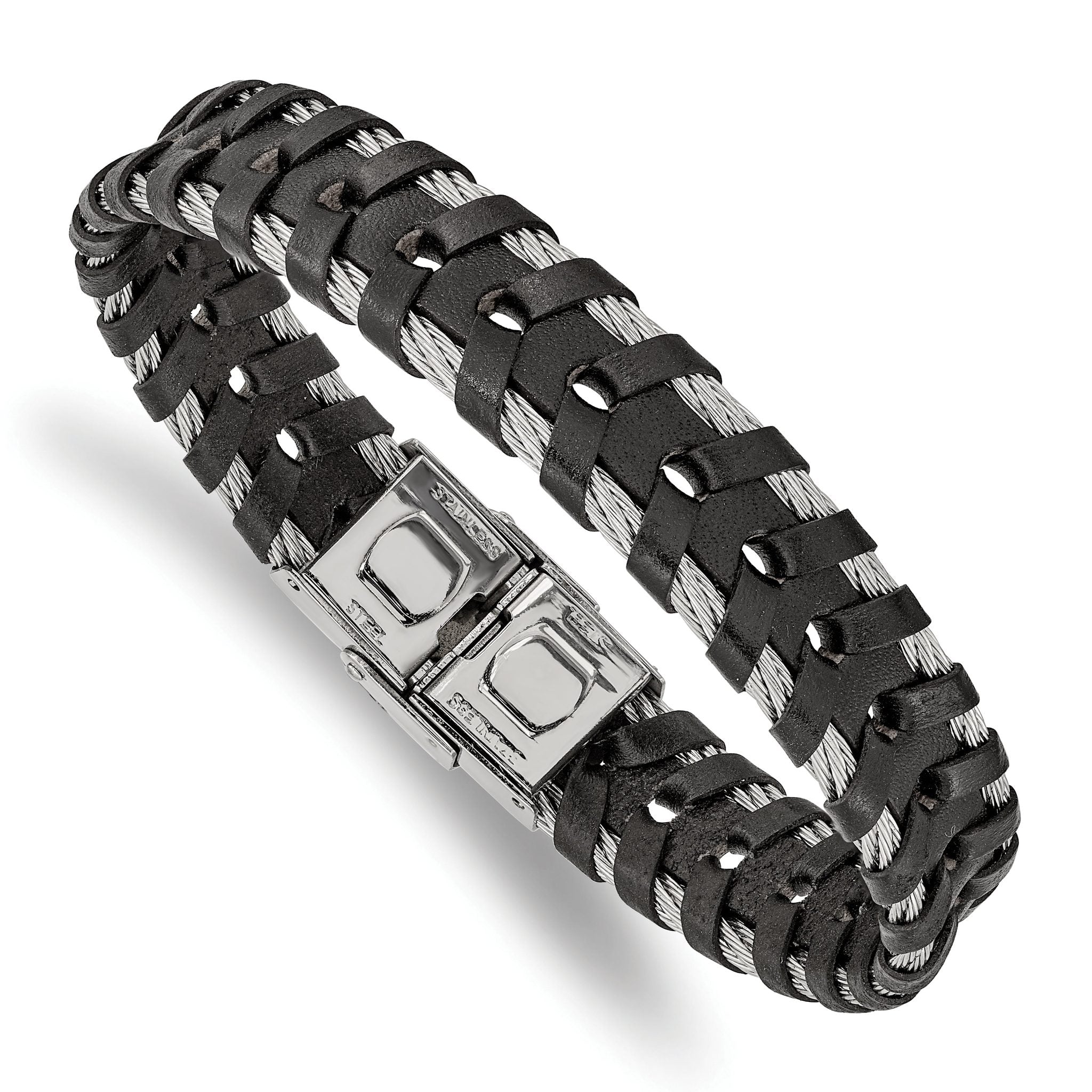 Stainless Steel Polished Cable and Black Leather Bracelet for Men Main image