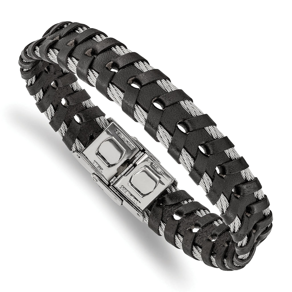Stainless Steel Polished Cable and Black Leather Bracelet for Men