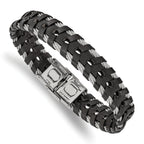 Stainless Steel Polished Cable and Black Leather Bracelet for Men