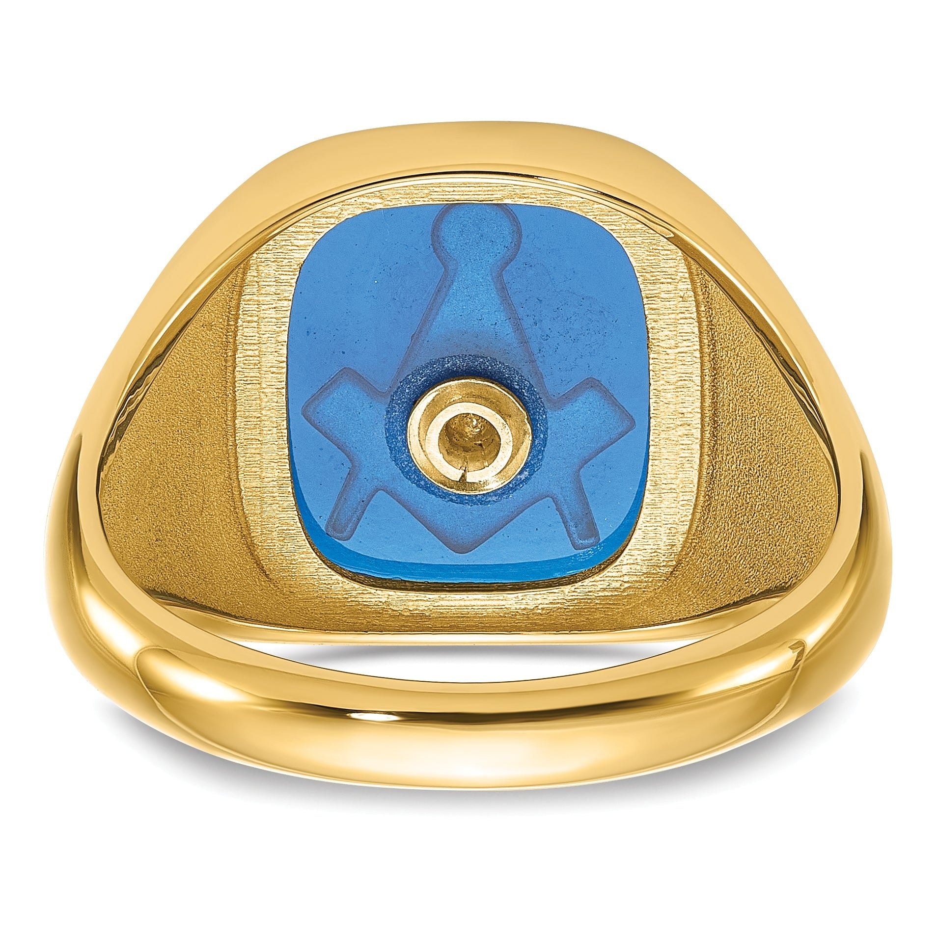 14k Men's Polished, Antiqued and Textured with Imitation Blue Spinel Masonic Ring