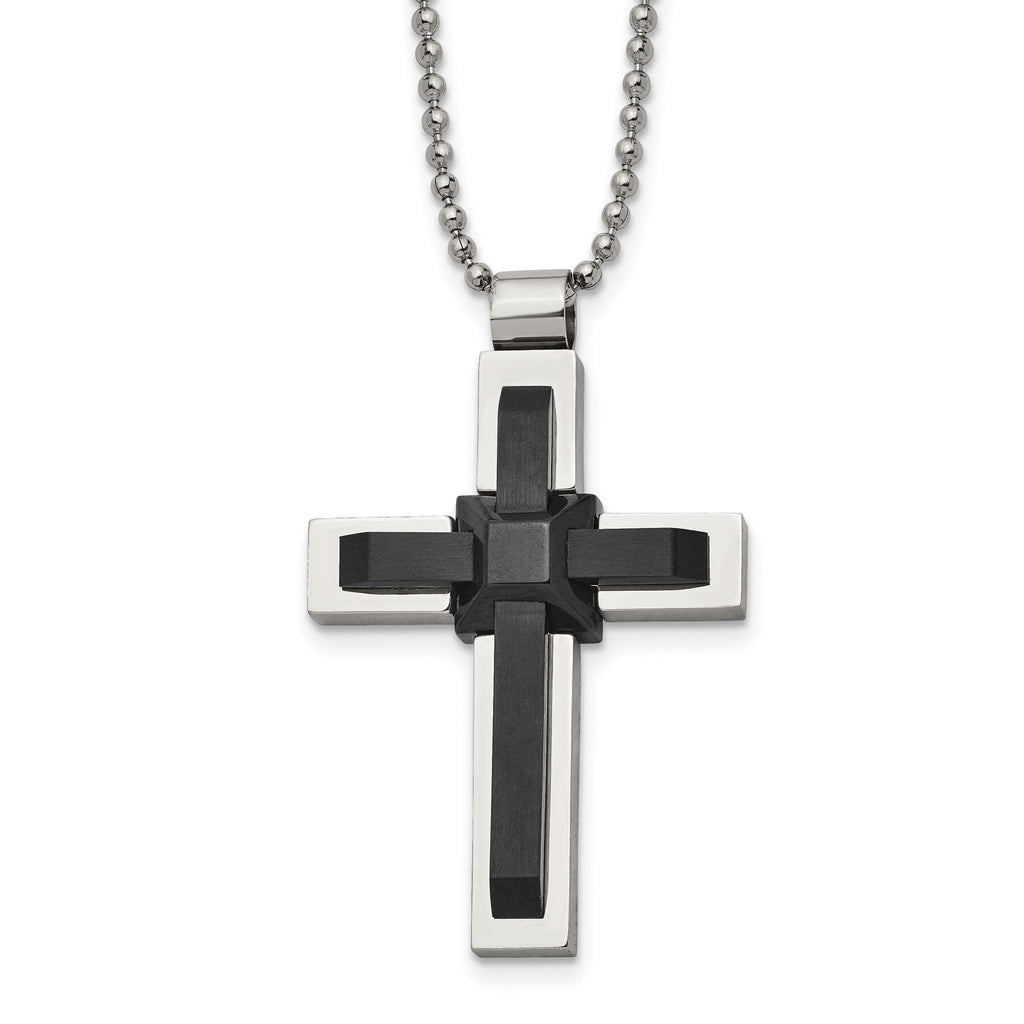 Sophia Jewelers Men's Polished Black IP-Plated Stainless Steel Cross Necklace