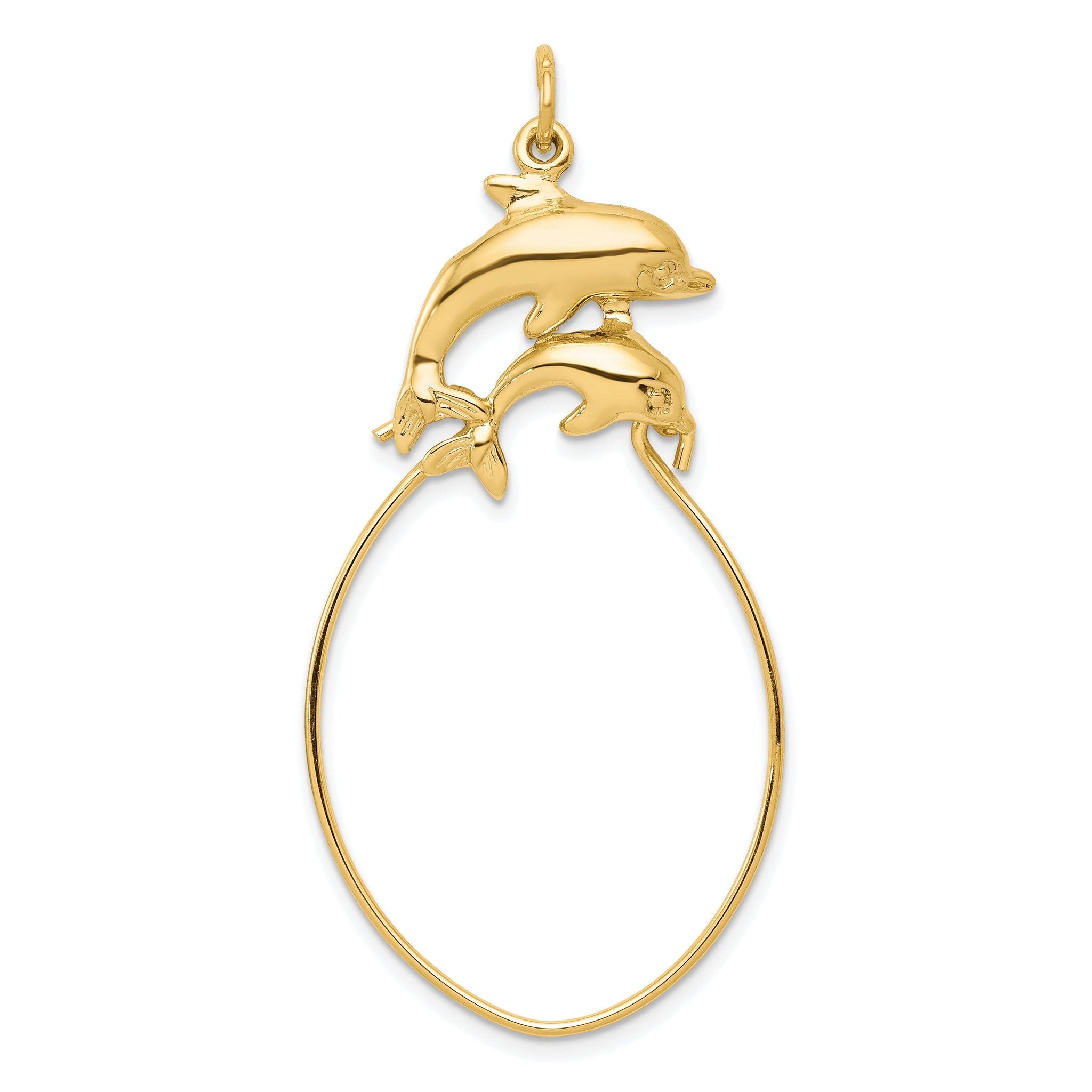 10K Gold Double Dolphin Polished Charm Holder  Elegant Marine Design