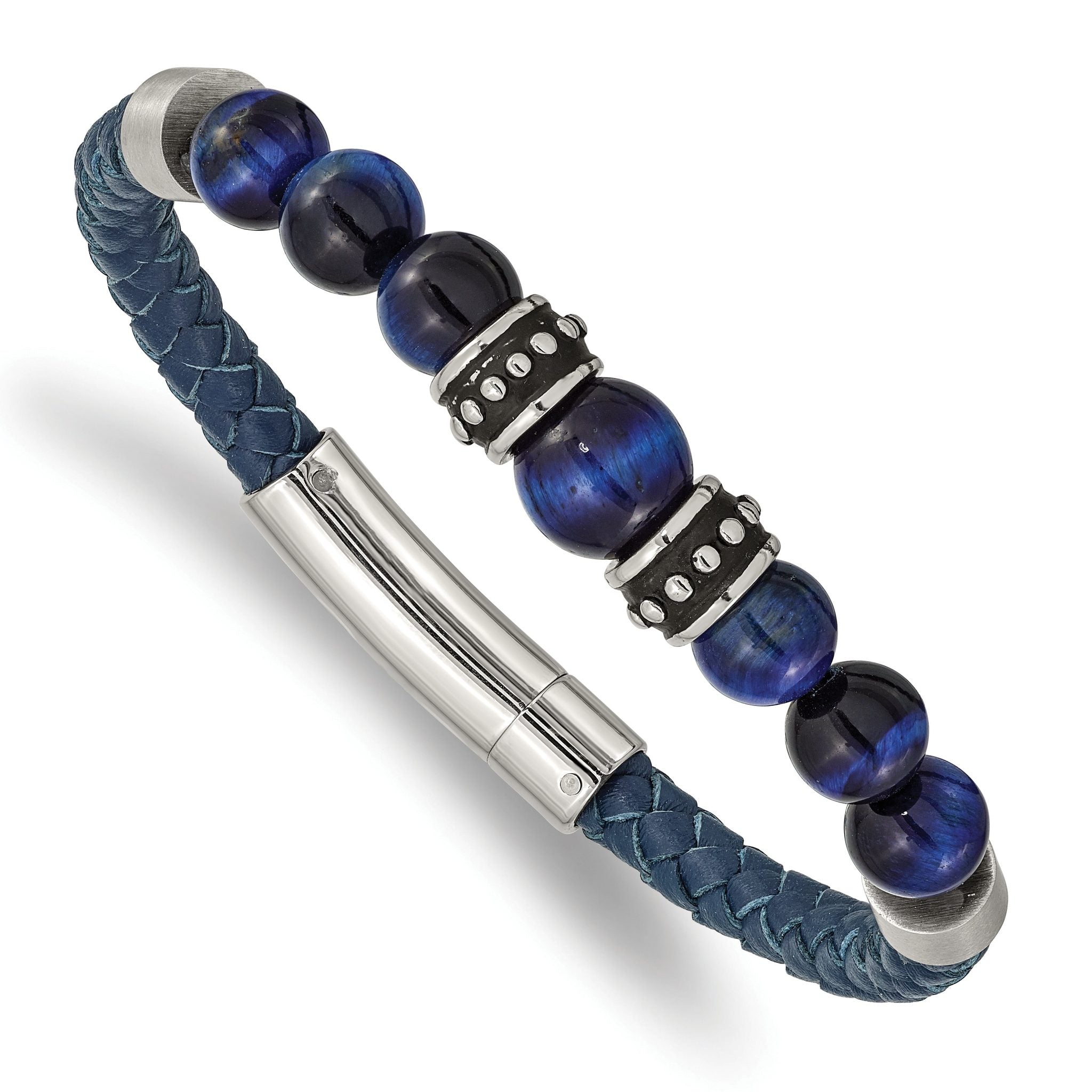 Stainless Steel Antiqued and Polished Blue Tiger's Eye Beads Blue Leather Bracelet for Men
