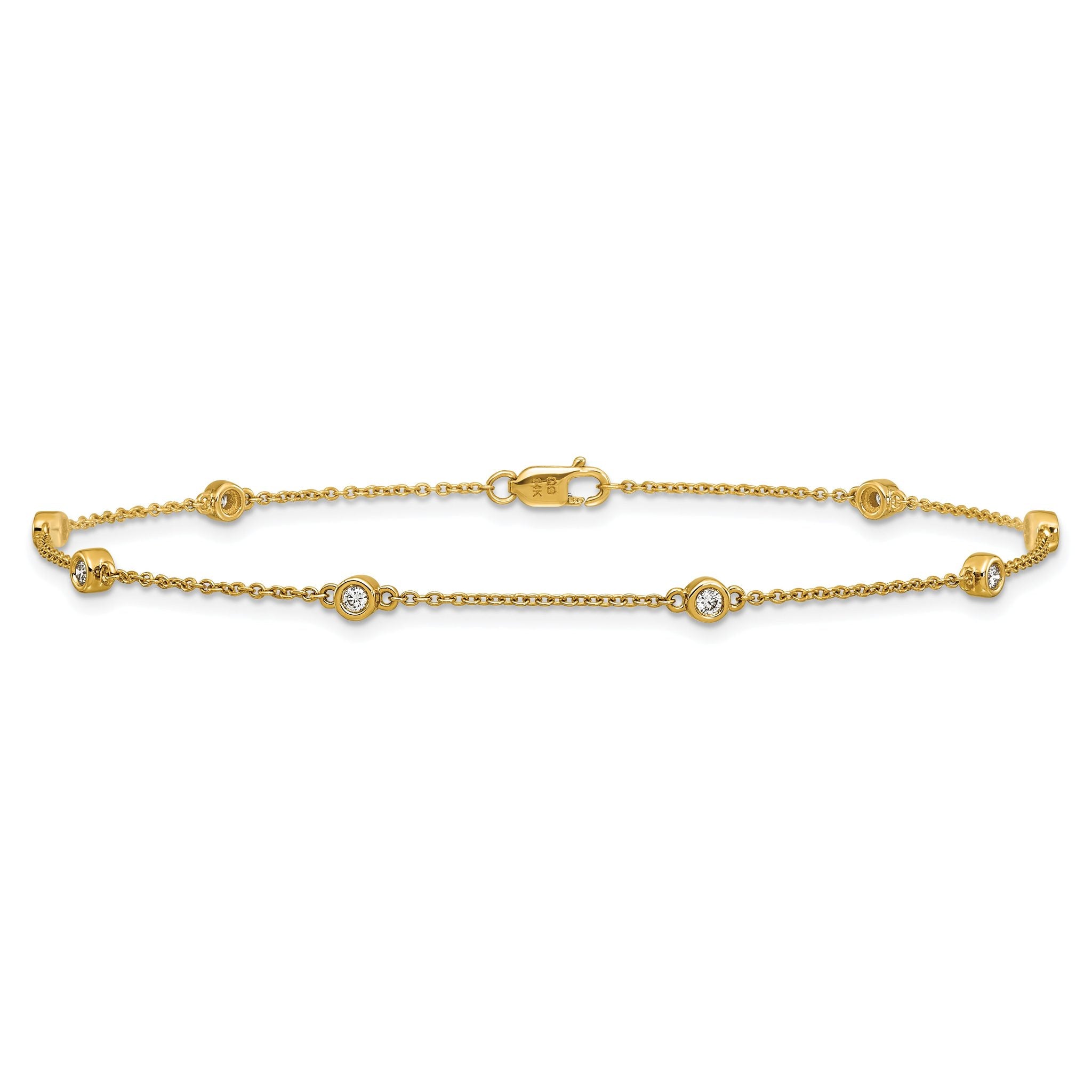 14k Complete 1/5 carat Bezel-set Diamond and Cable Chain 8-Station 9 inch Anklet