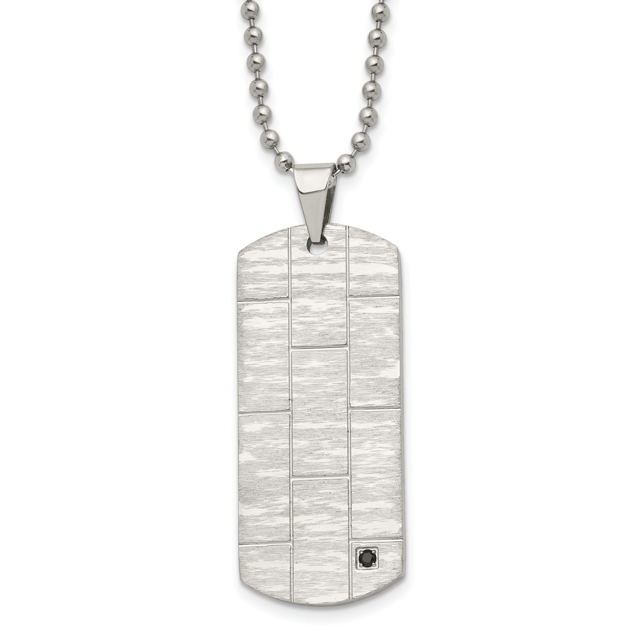 Chisel Stainless Steel Polished and Satin with Black CZ Dog Tag on a 20 inch Ball Chain Necklace Main image