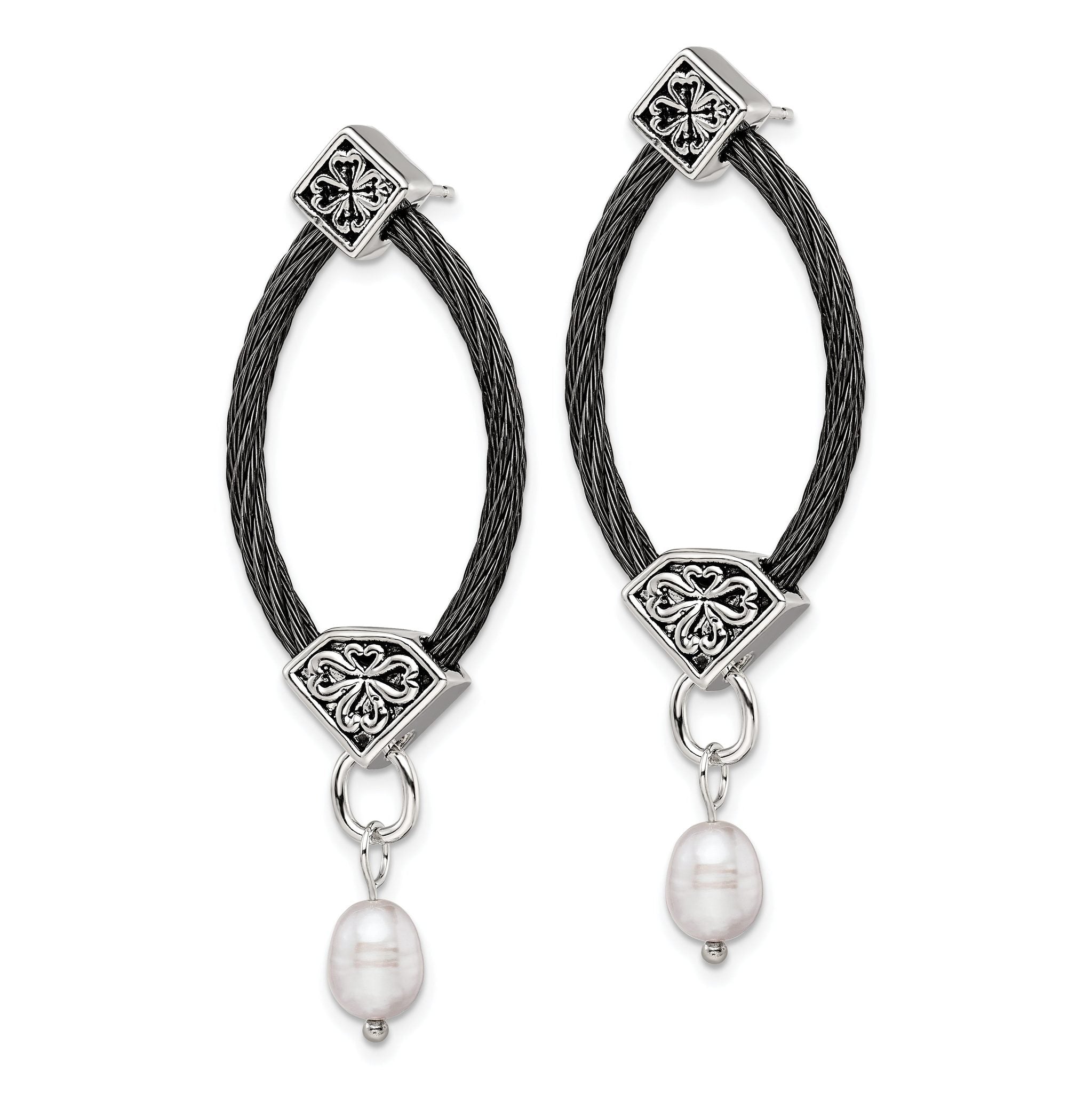 Sophia Jewelers Black Titanium & Silver Dangle Earrings with Pearl Floral Accent Secondary image
