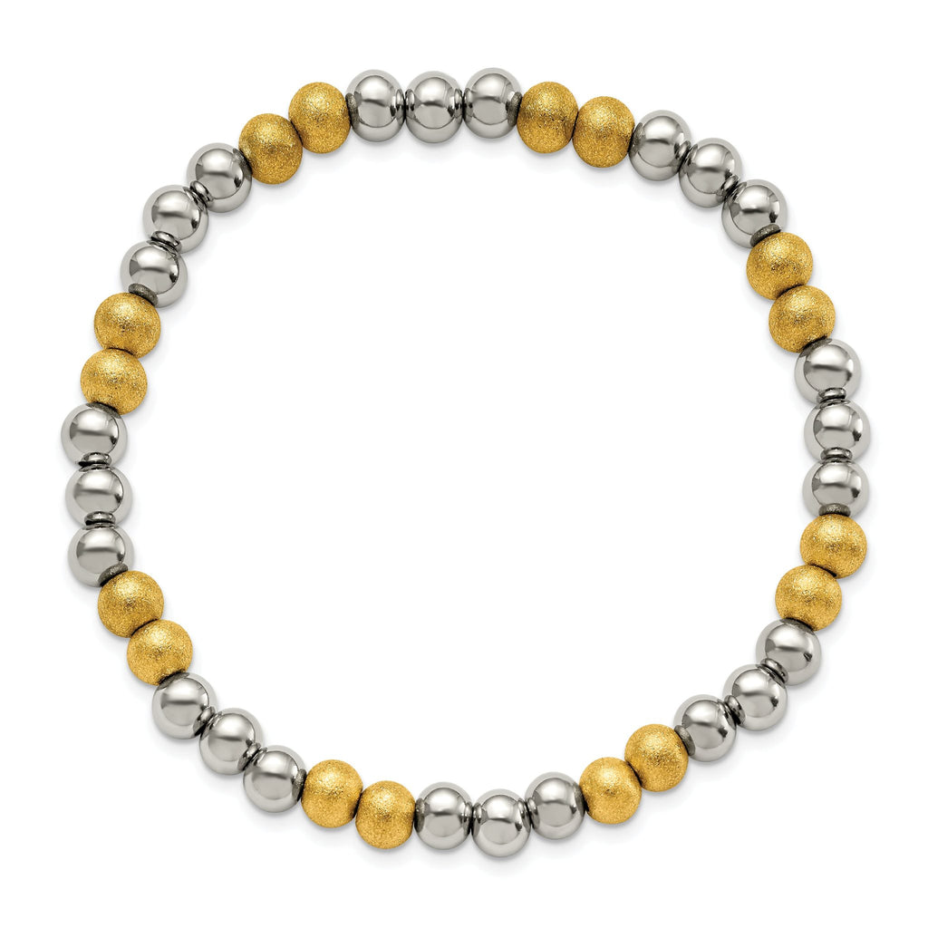Stainless Steel Polished Yellow IP-plated Sandblasted 6mm Beaded Stretch Bracelet for Women