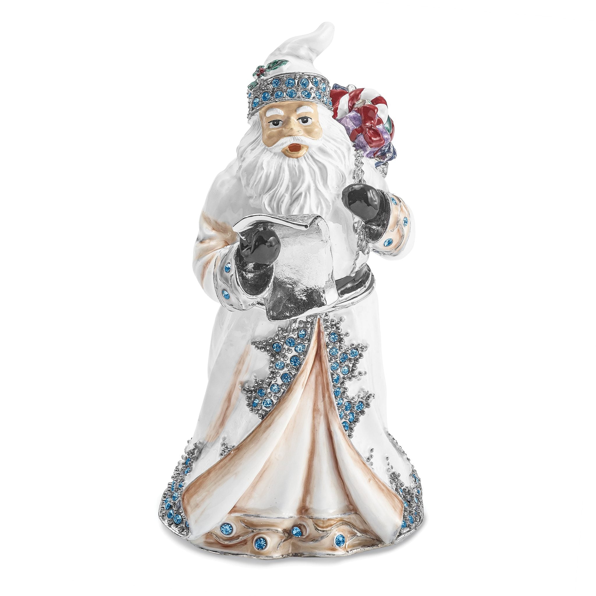Luxury Giftware by Jere Bejeweled Crystals Siver-tone Enameled ST. NICHOLAS SINTERKLAAS White Santa Trinket Box with Matching 18 Inch Necklace
