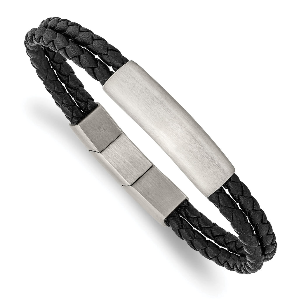 Stainless Steel Brushed Braided Black Leather Multi Strand Plus . Extenstion Bracelet