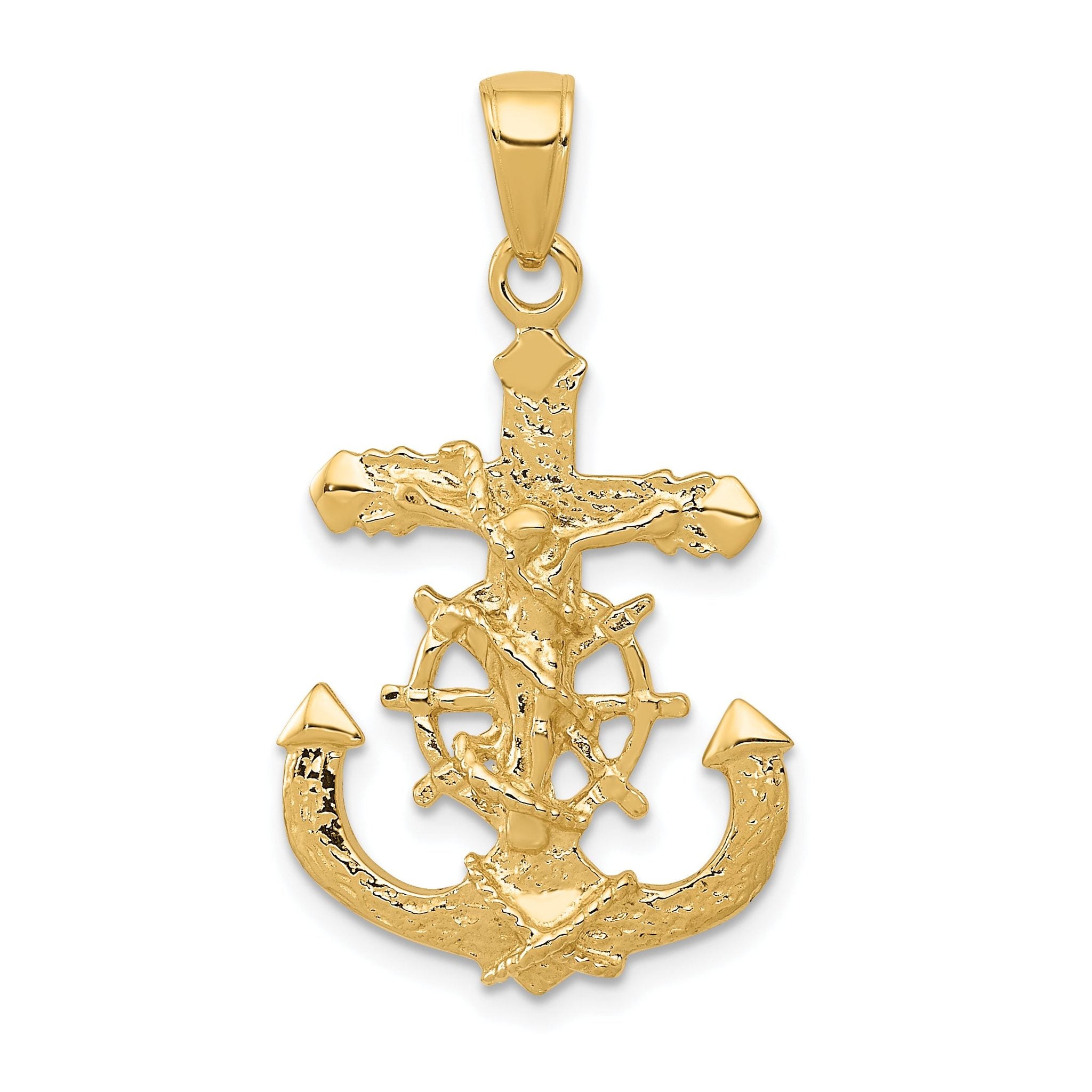 14K Gold Mariners Crucifix Pendant with Polished Textured Rope Wheel Design