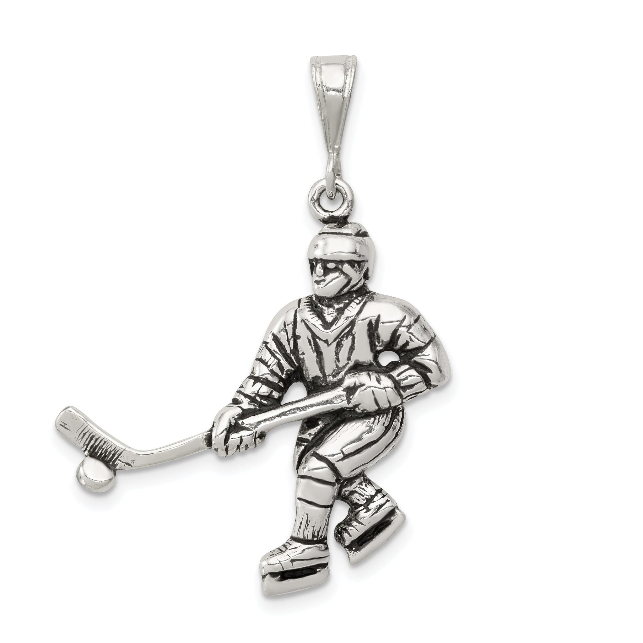 Sterling Silver 925 Men's Hockey Player Pendant with Antiqued Finish