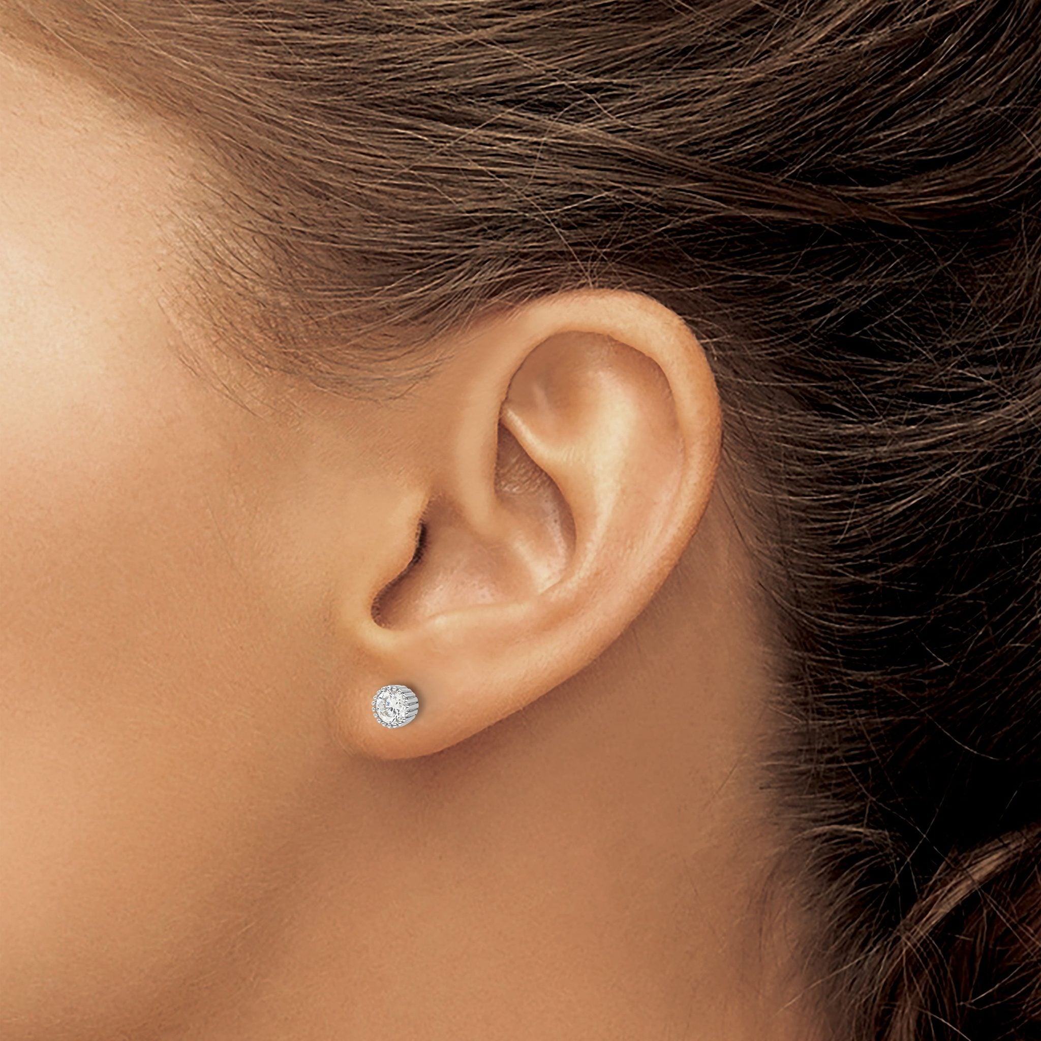 Sterling Silver Rhod-plated 4mm CZ Grooved Bezel Post Stud Earrings