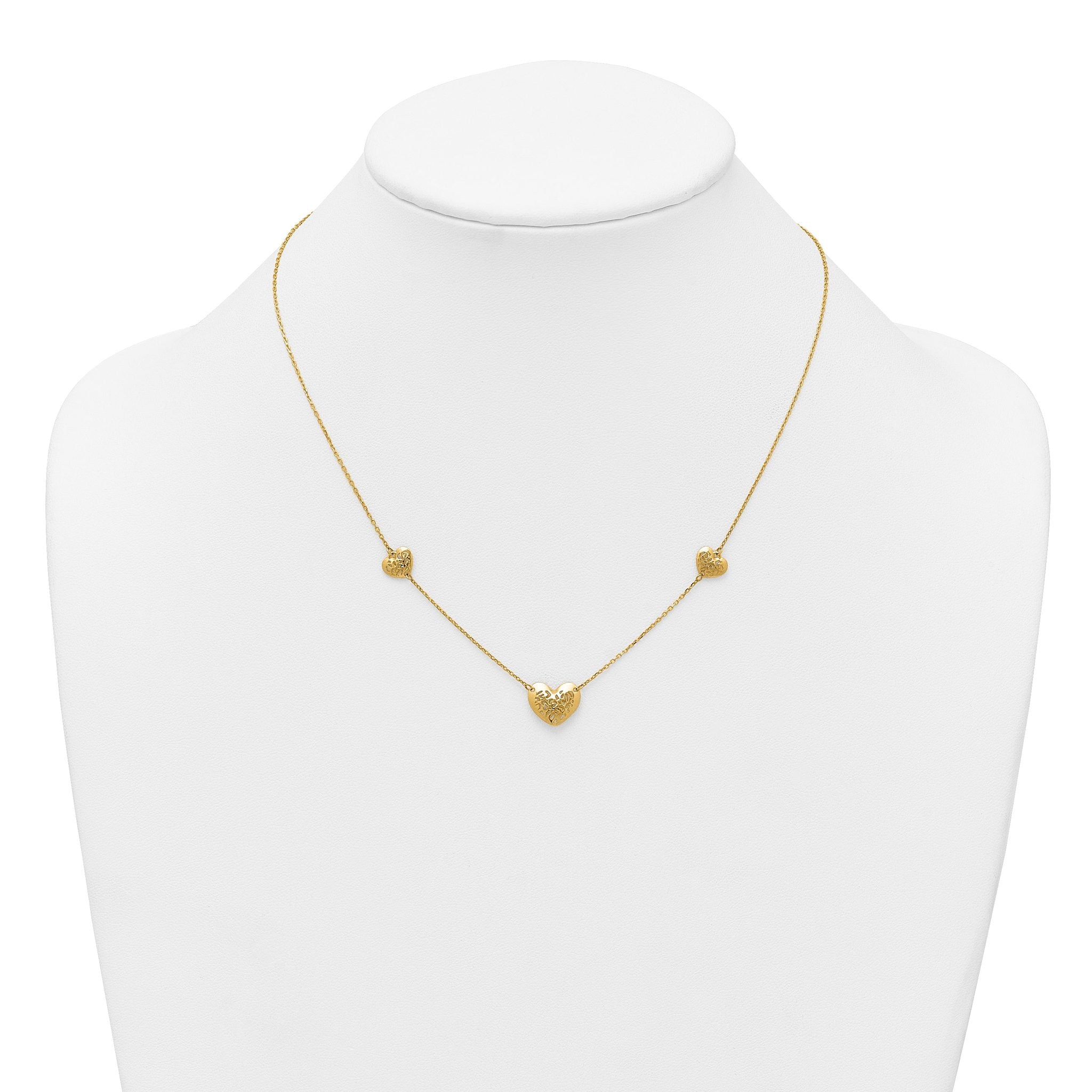 14K Polished Filigree Puffed Heart 3-Station 16 inch Necklace Plus 2 inch Extender Secondary image