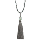 Sterling Silver Beaded Necklace with Green Glass & Tassel