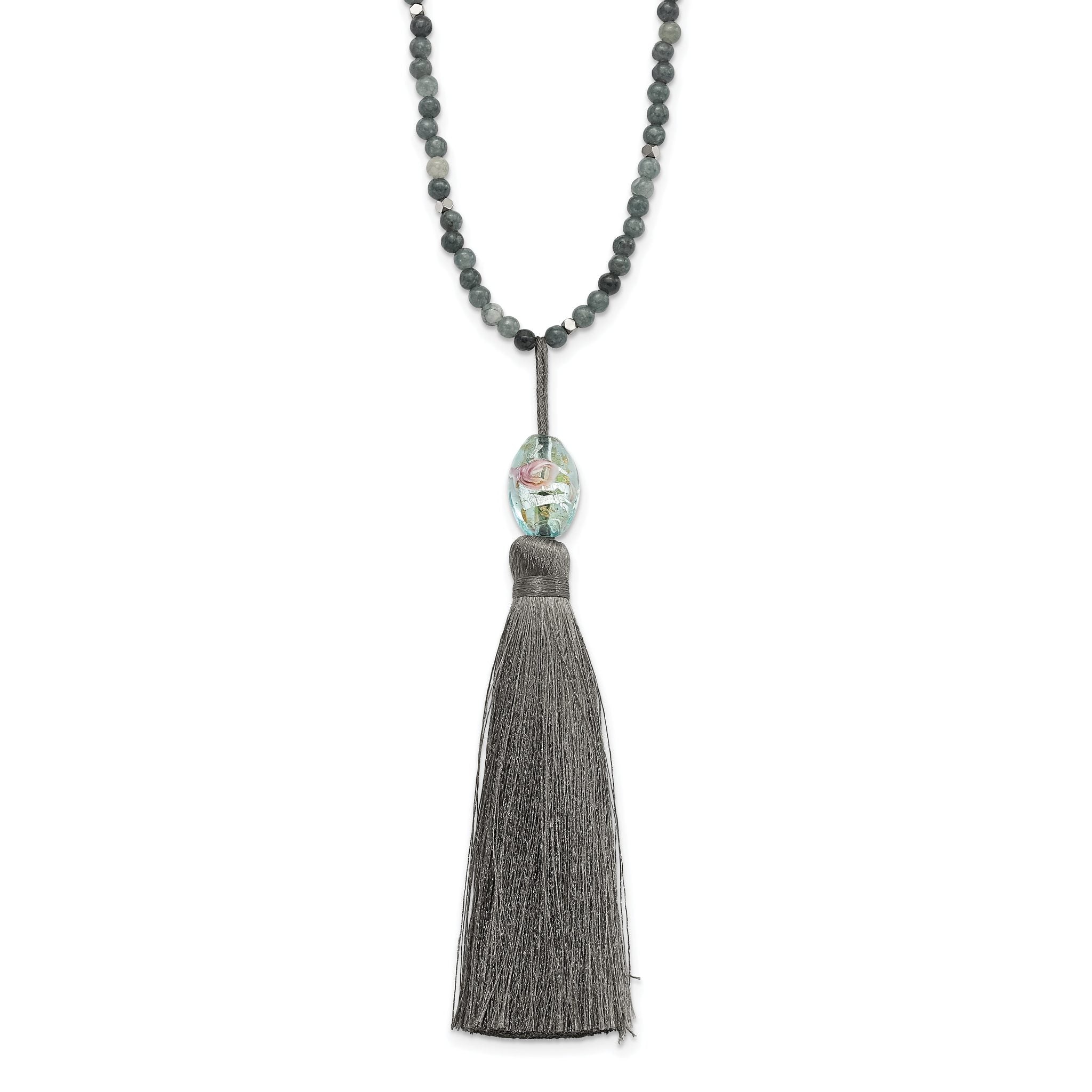 Sterling Silver Beaded Necklace with Green Glass & Tassel