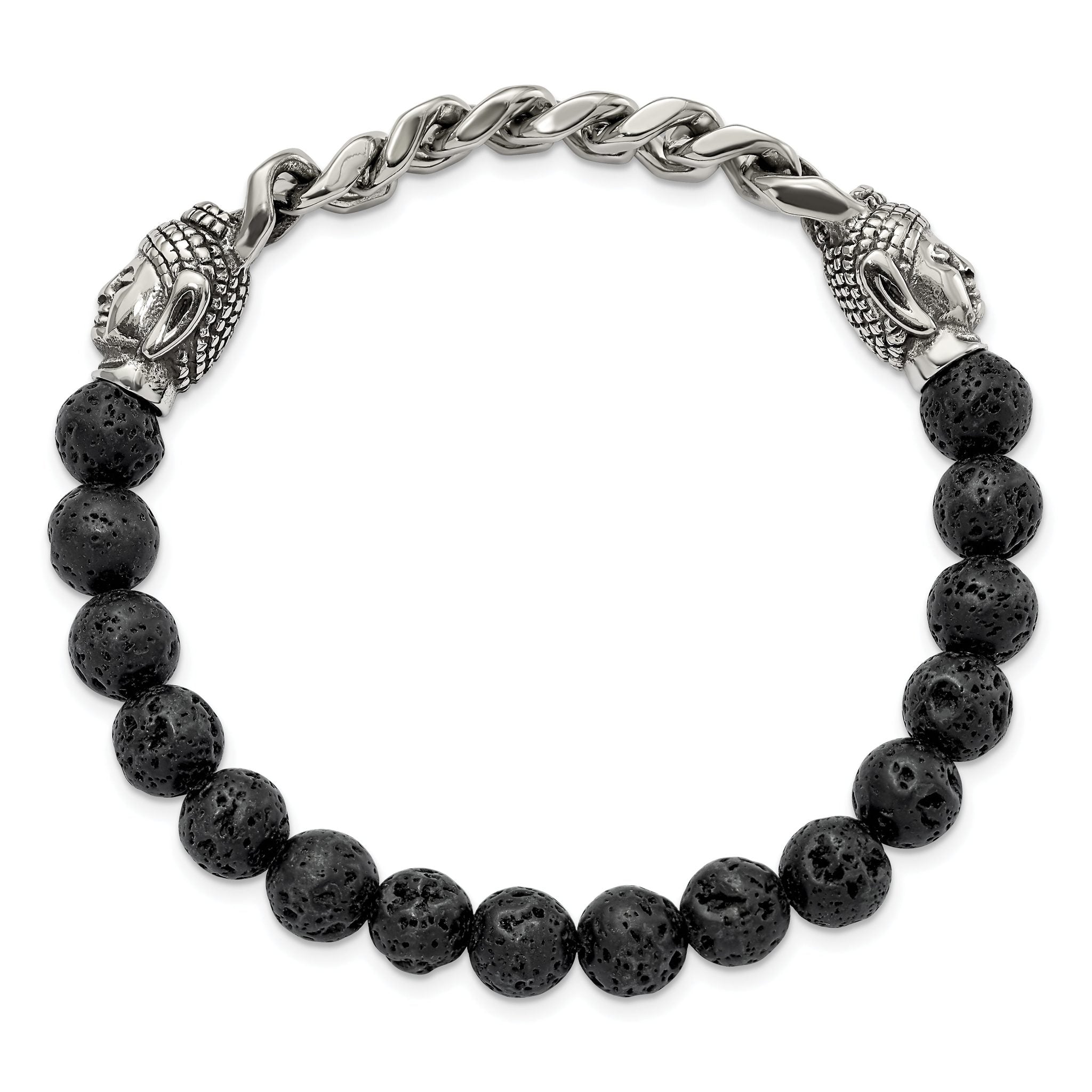 Stainless Steel Antiqued and Polished Buddha 8mm Lava Stone Beaded Stretch Bracelet Secondary image