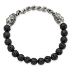 Stainless Steel Antiqued and Polished Buddha 8mm Lava Stone Beaded Stretch Bracelet
