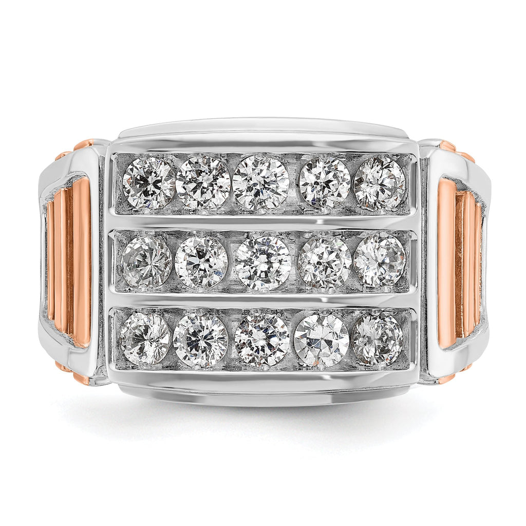 14k White and Rose Gold Mens Polished and Cut-Out 3-Row 1.5 Carat AA Quality Diamond Ring