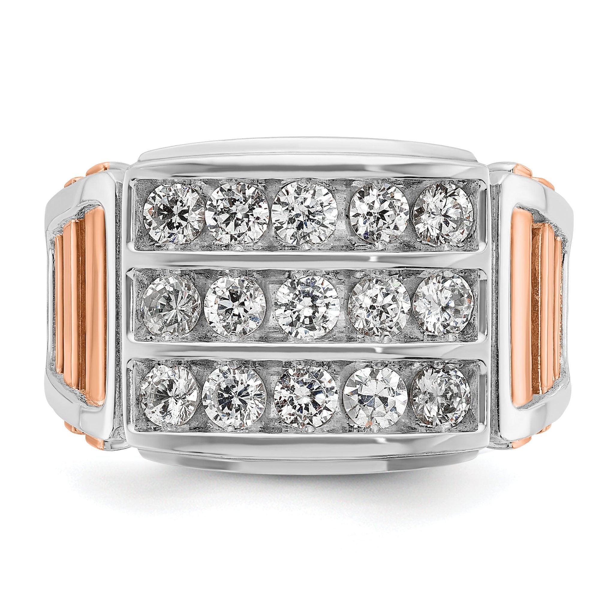 14k White and Rose Gold Mens Polished and Cut-Out 3-Row 1.5 Carat AA Quality Diamond Ring