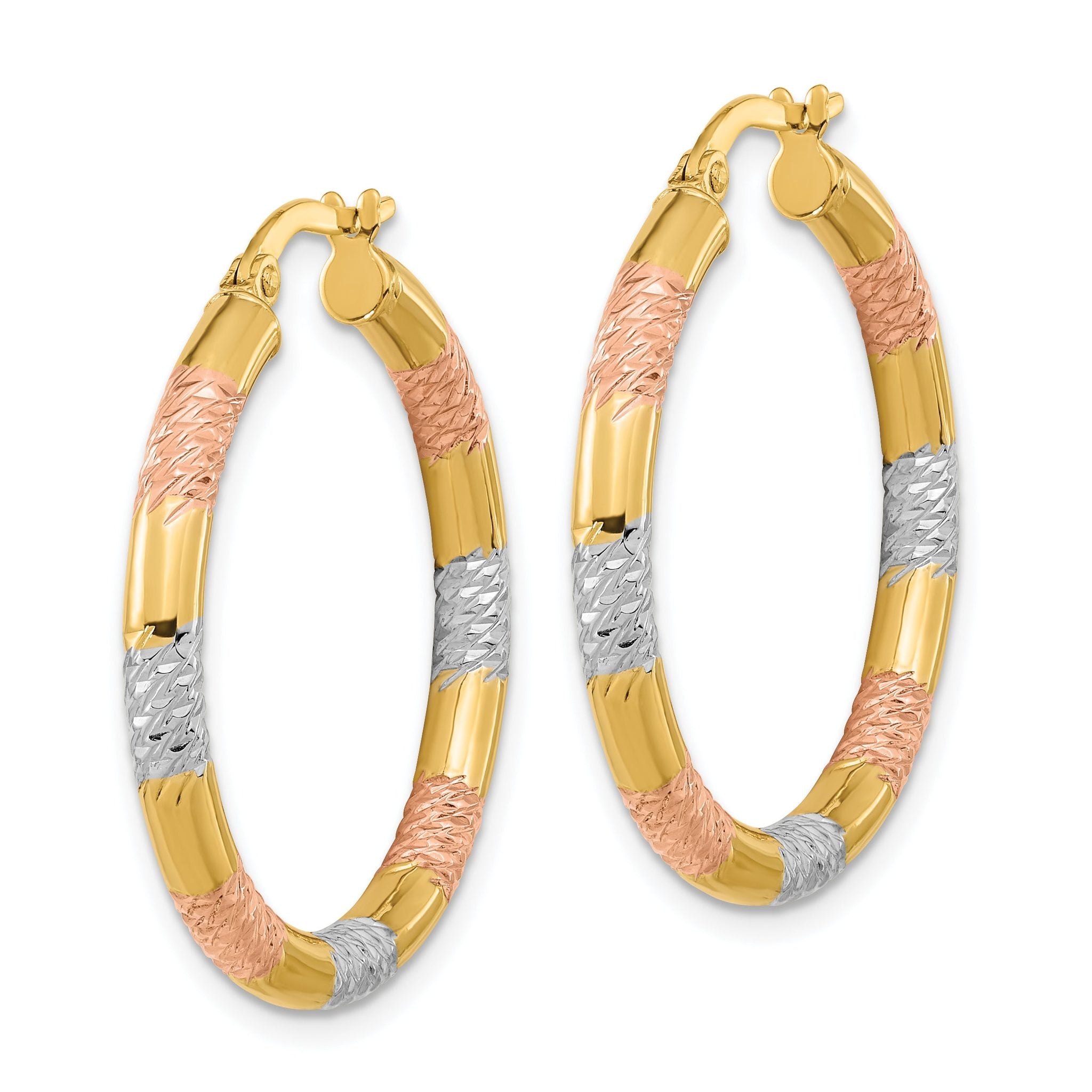 14k with Rose and White Rhodium Diamond-cut 3.0mm Hoop Earrings Secondary image
