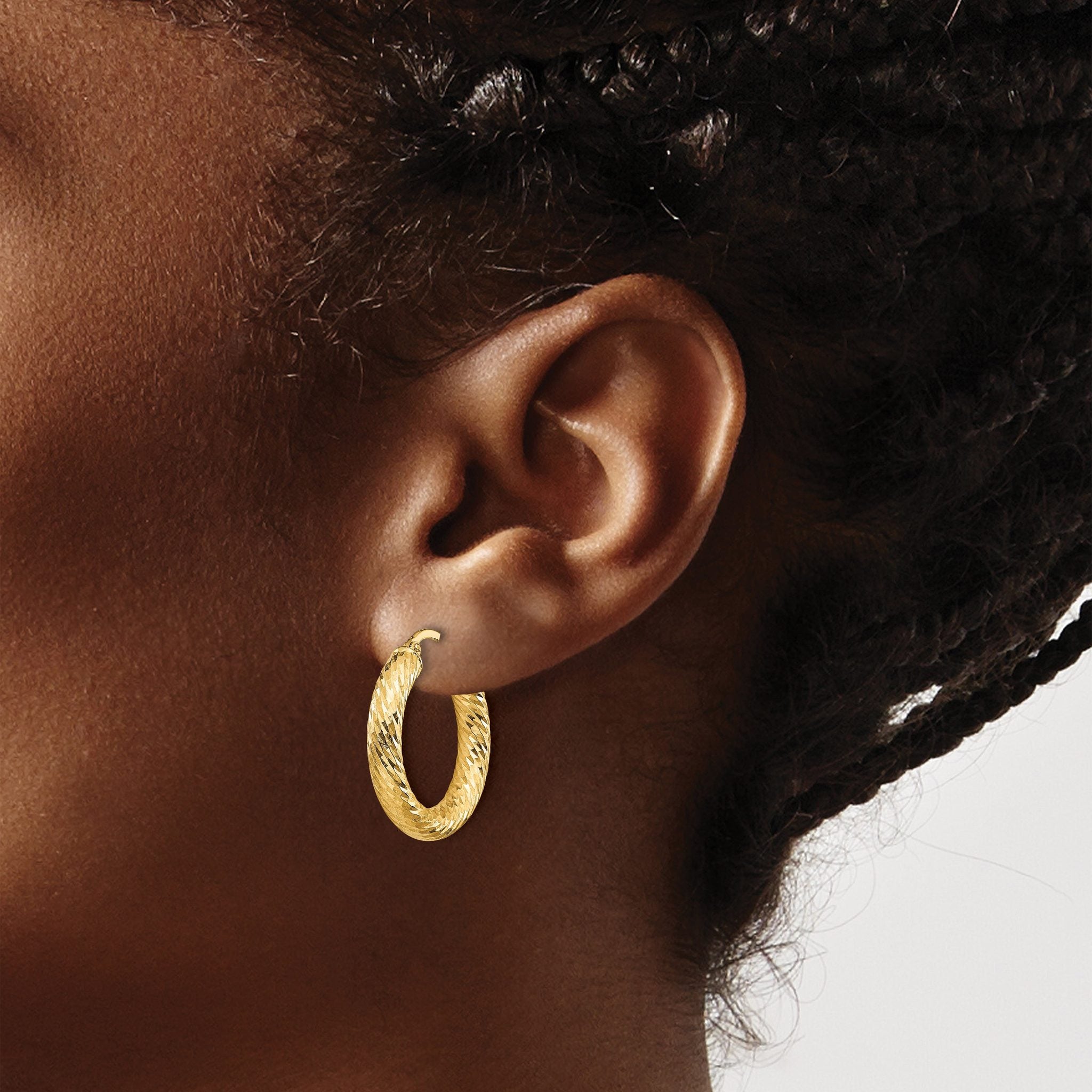 14k 4mm Polished Diamond-cut Round Hoop Earrings