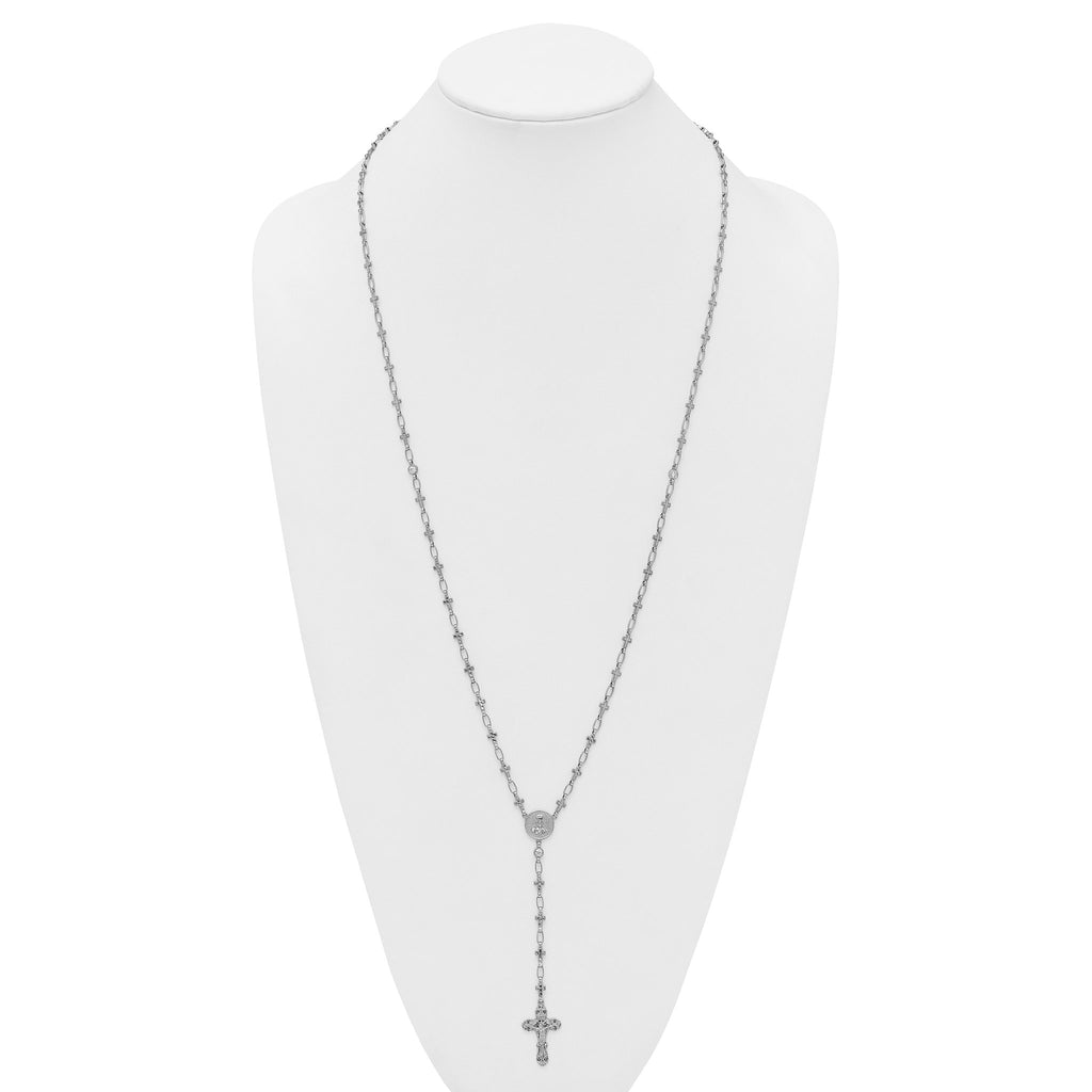Sterling Silver Rhodium-plated Polished CZ and Diamond-cut Crosses 30.5 inch Rosary Necklace