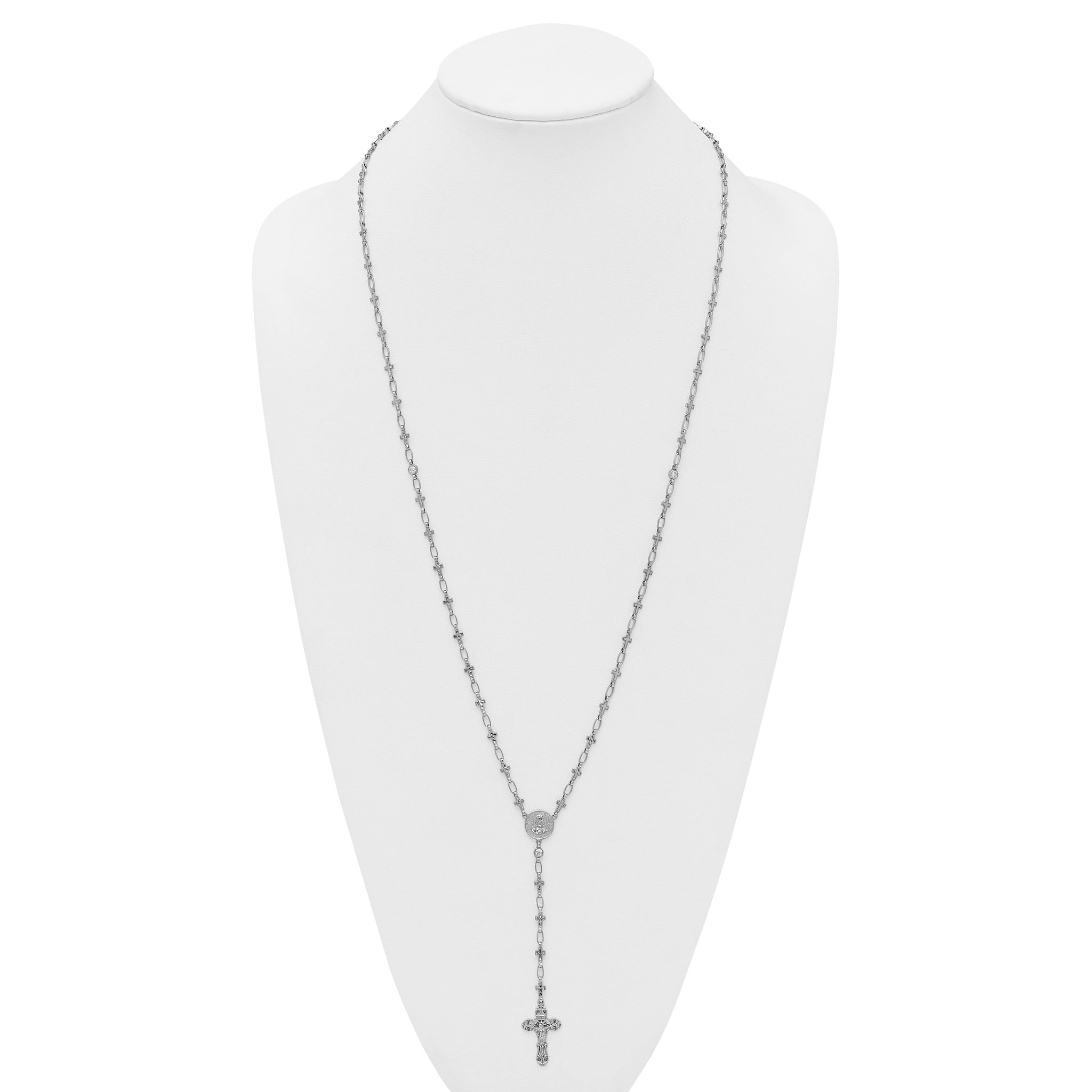 Sterling Silver Rhodium-plated Polished CZ and Diamond-cut Crosses 30.5 inch Rosary Necklace