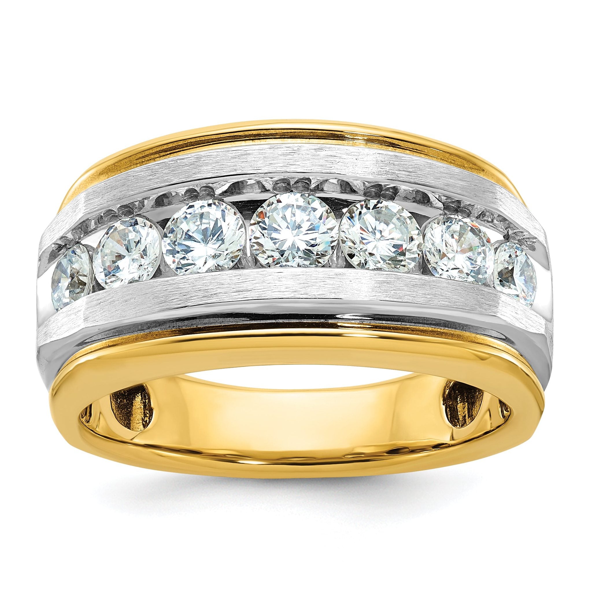 14k with White Rhodium Mens Polished Satin and Grooved 7-Stone 1.5 Carat AA Diamond Ring
