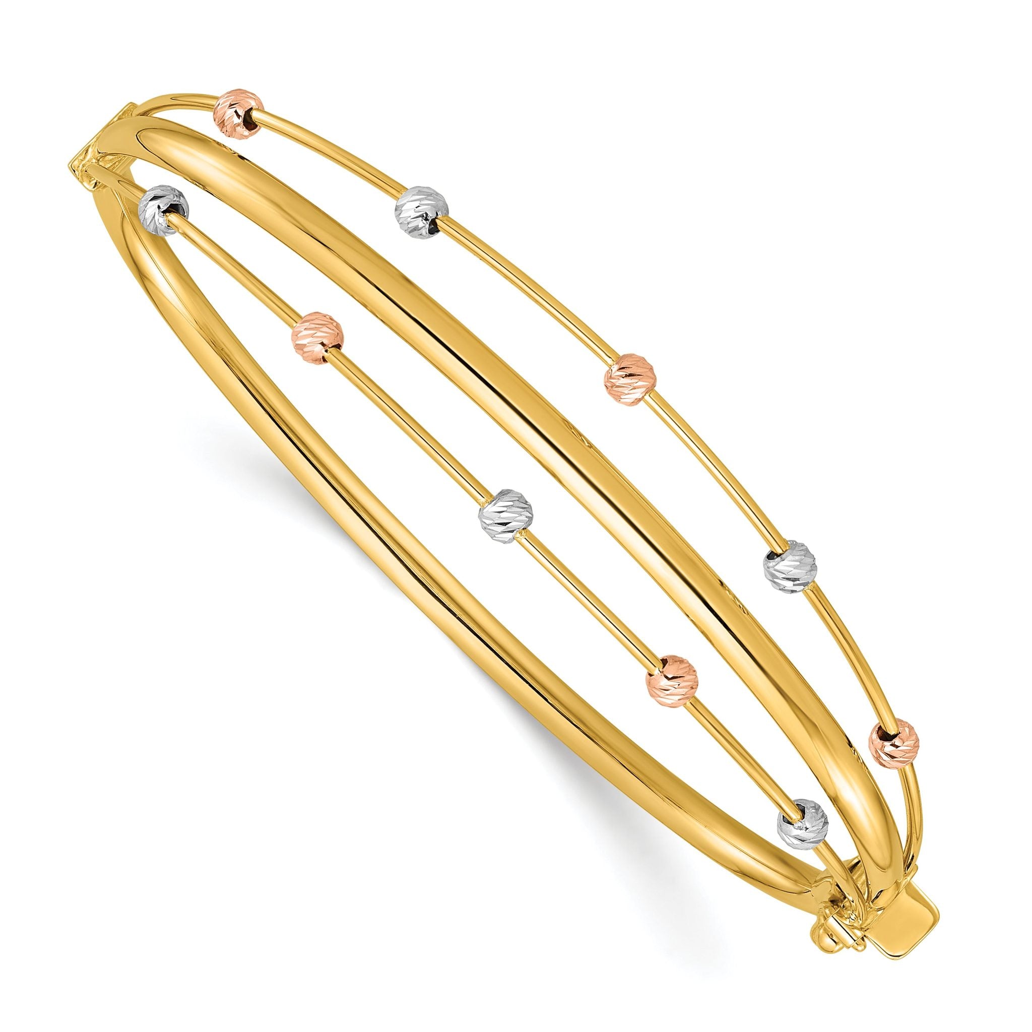 14k Tri-color Polished 3-Row Diamond-cut Beaded Hinged Oval Bangle Bracelet Main image