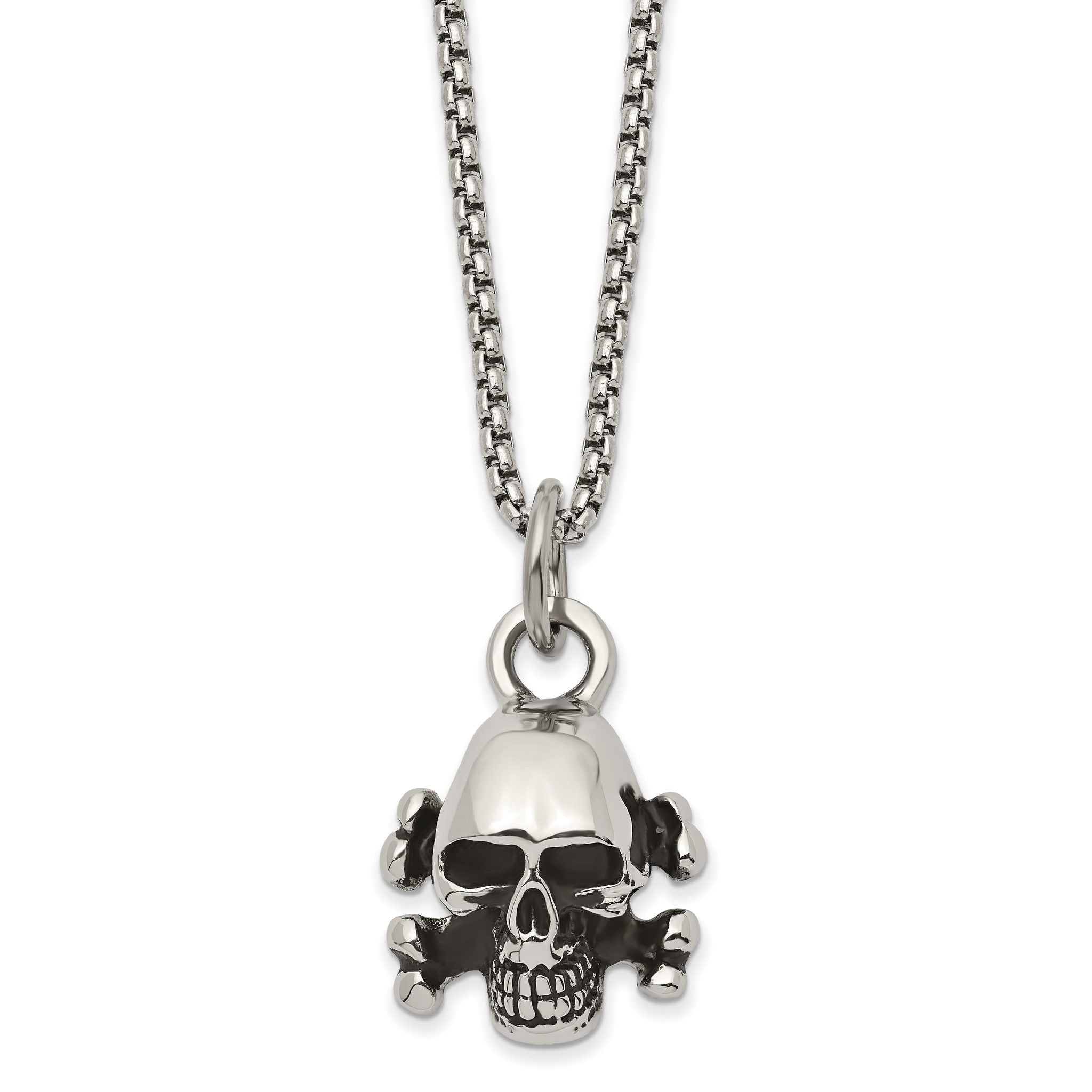 Chisel Stainless Steel Antiqued and Polished Skull and Cross Bones Pendant on a 24 inch Box Chain Necklace Main image