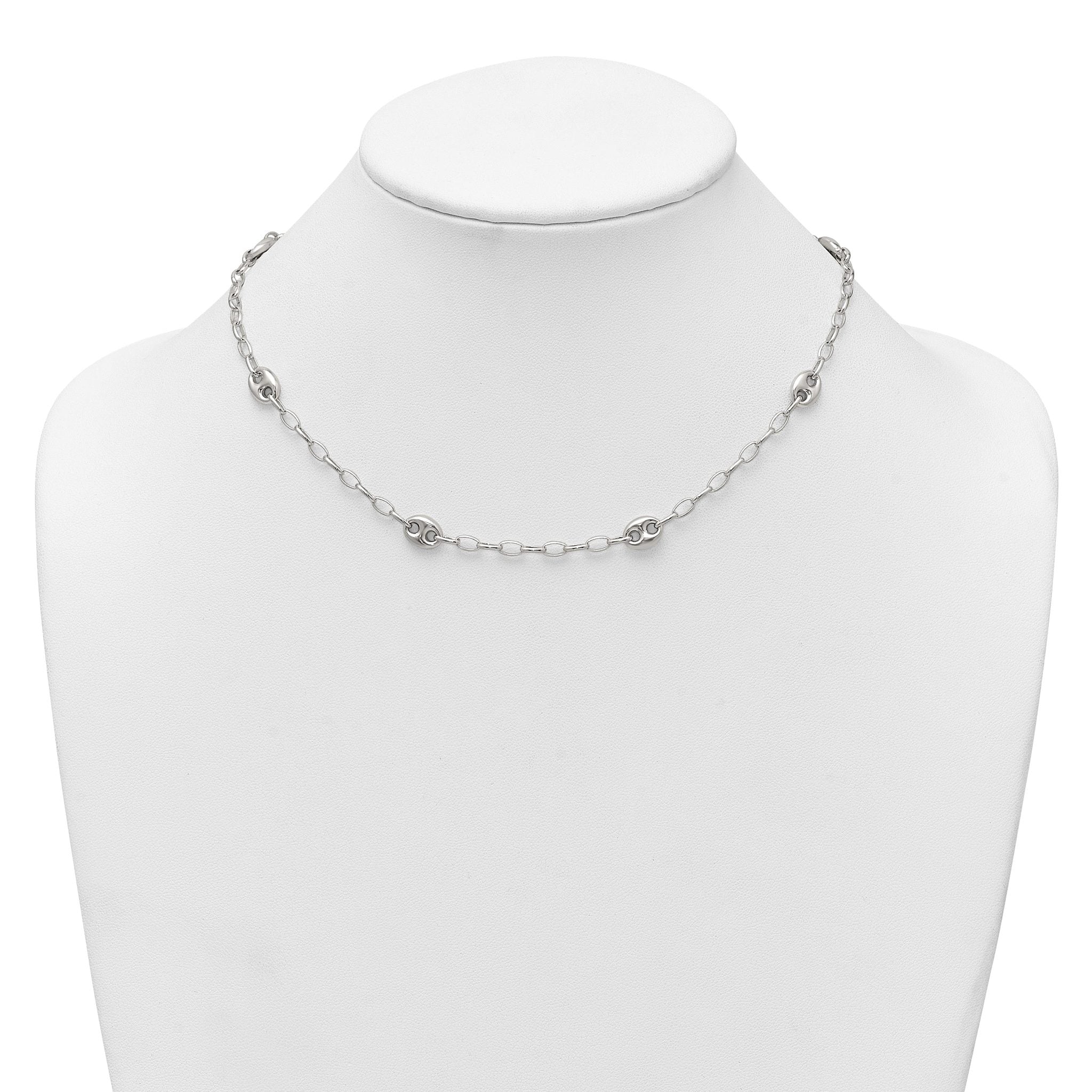 Sterling Silver Puffed Anchor/Mariner Link and Chain 7-Station 17 inch with 1.5 inch Extension Necklace