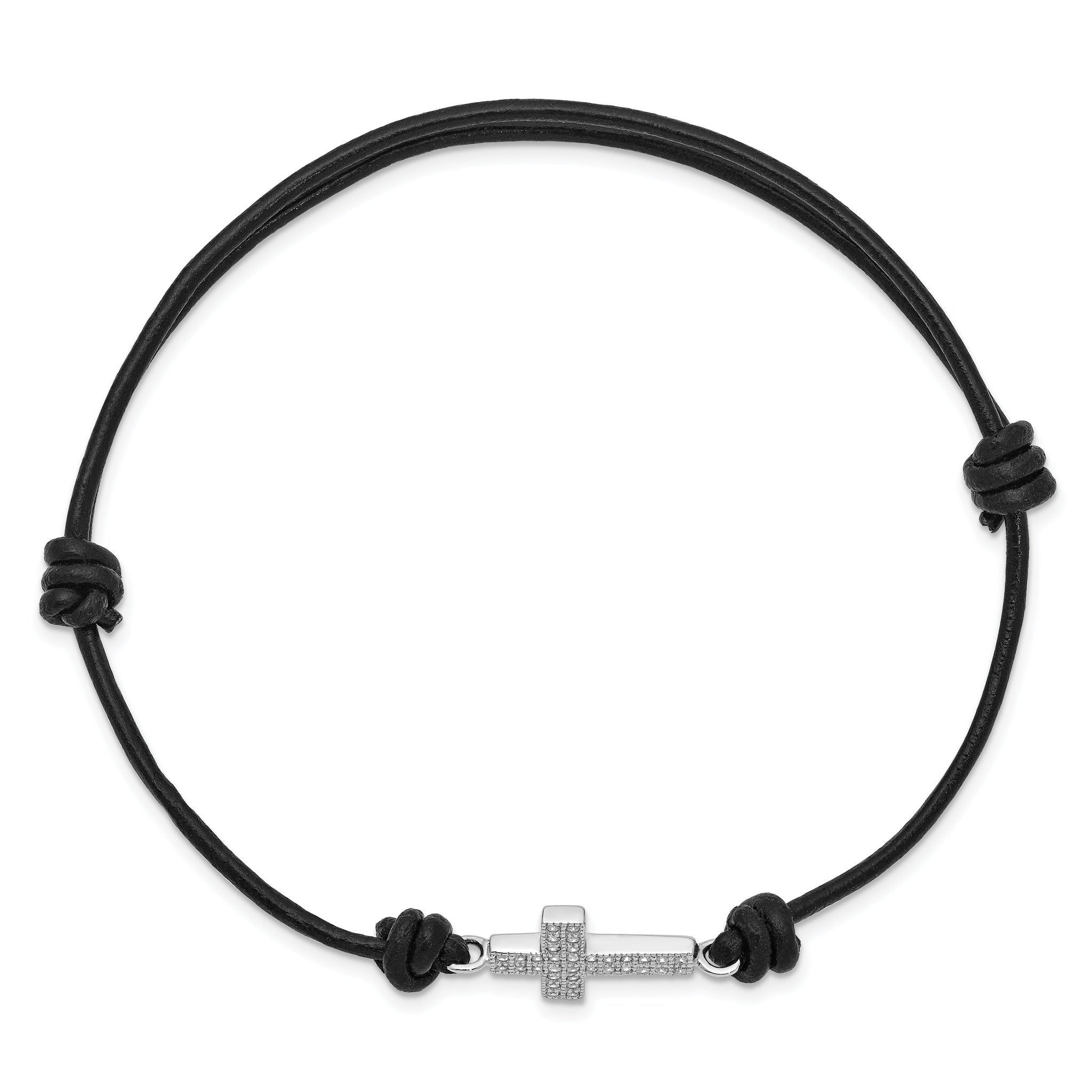Sterling Silver Rhodium-plated CZ Cross Black Leather Adjustable Bracelet Secondary image