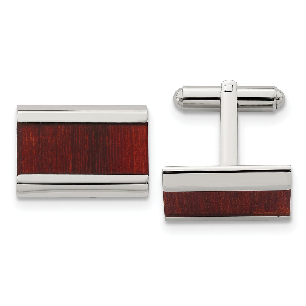 Red Koa Wood Inlay Rectangle Cufflinks in Stainless Steel