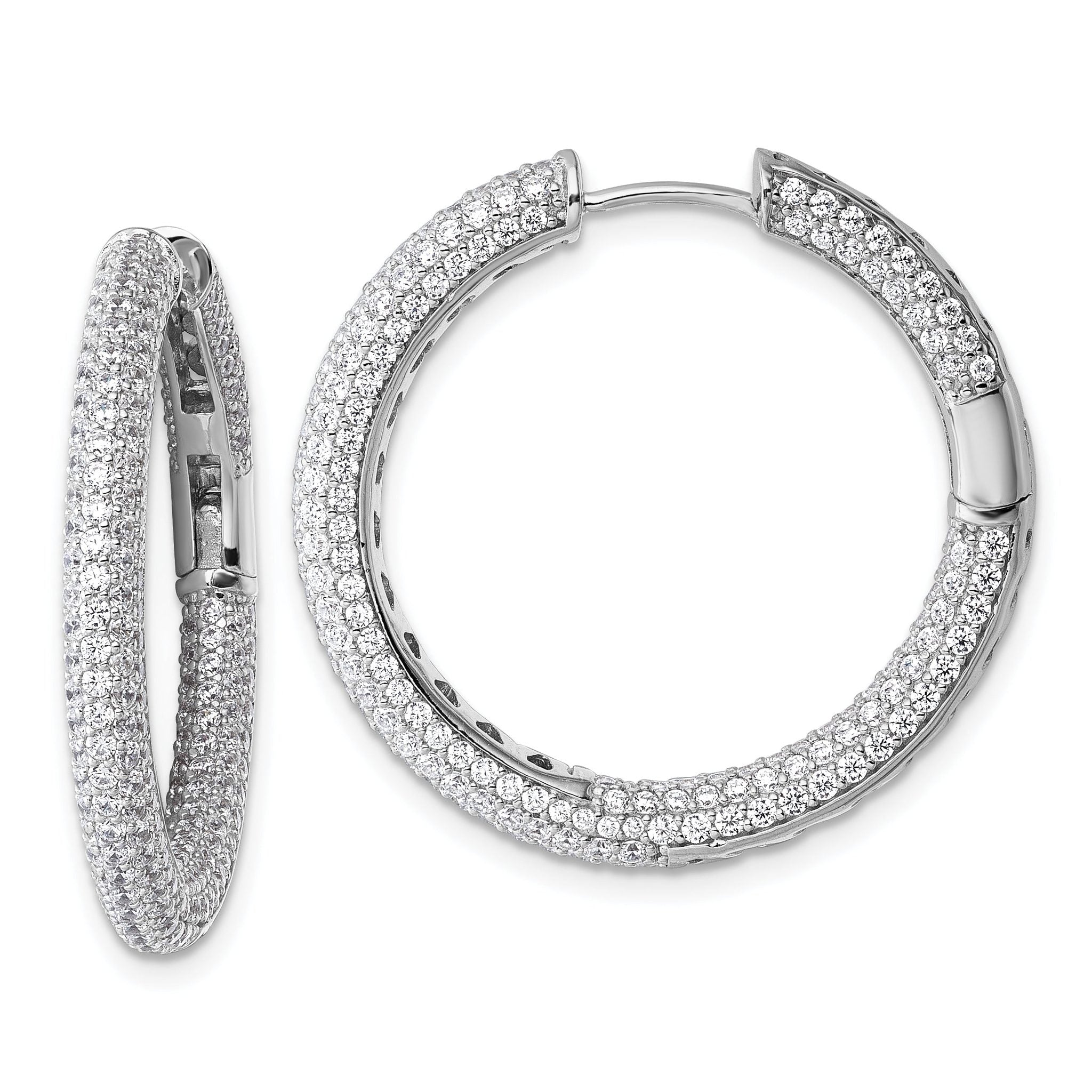 Sterling Silver Rhodium-plated In and Out CZ Pave 3.1 x 29mm Hinged Hoop Earrings Main image