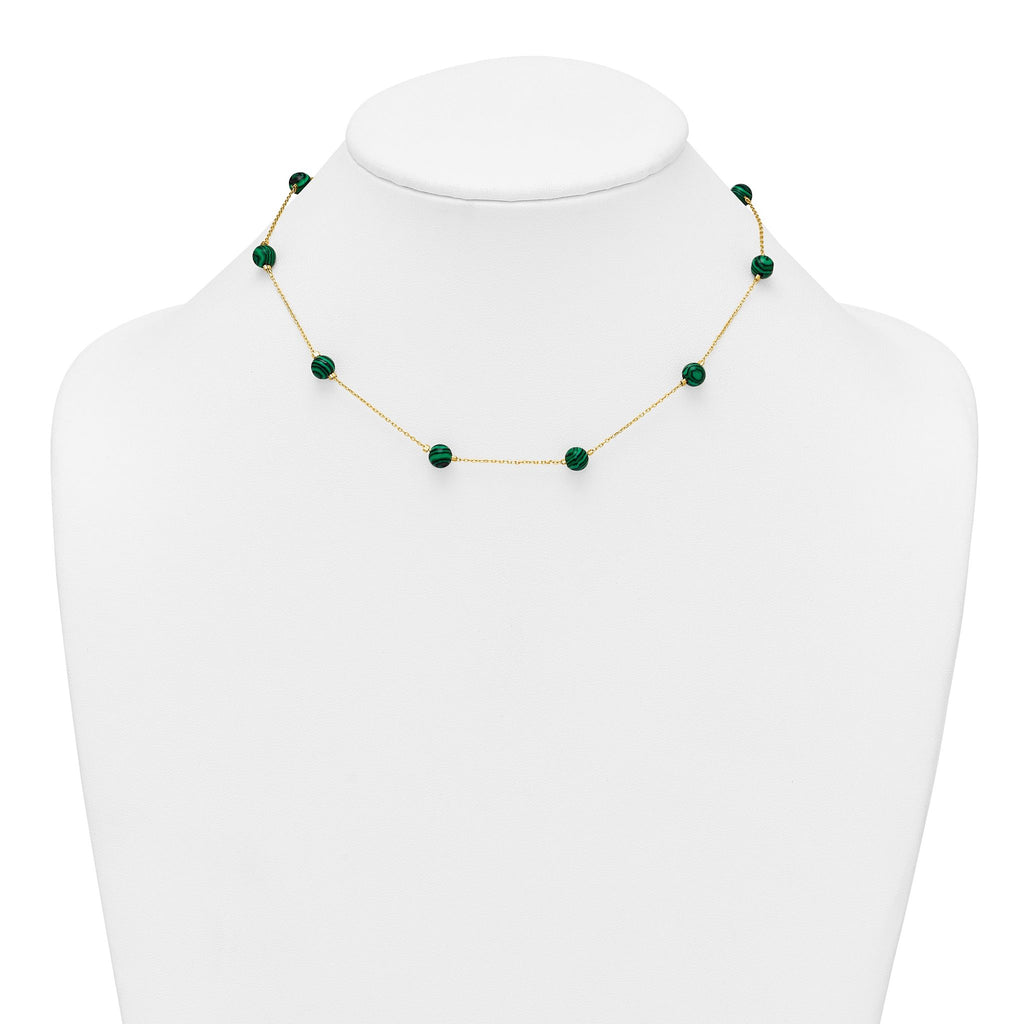 Sterling Silver Gold-Tone Polished Lab Created Malachite 16 Inch with 2 Inch Extension Necklace