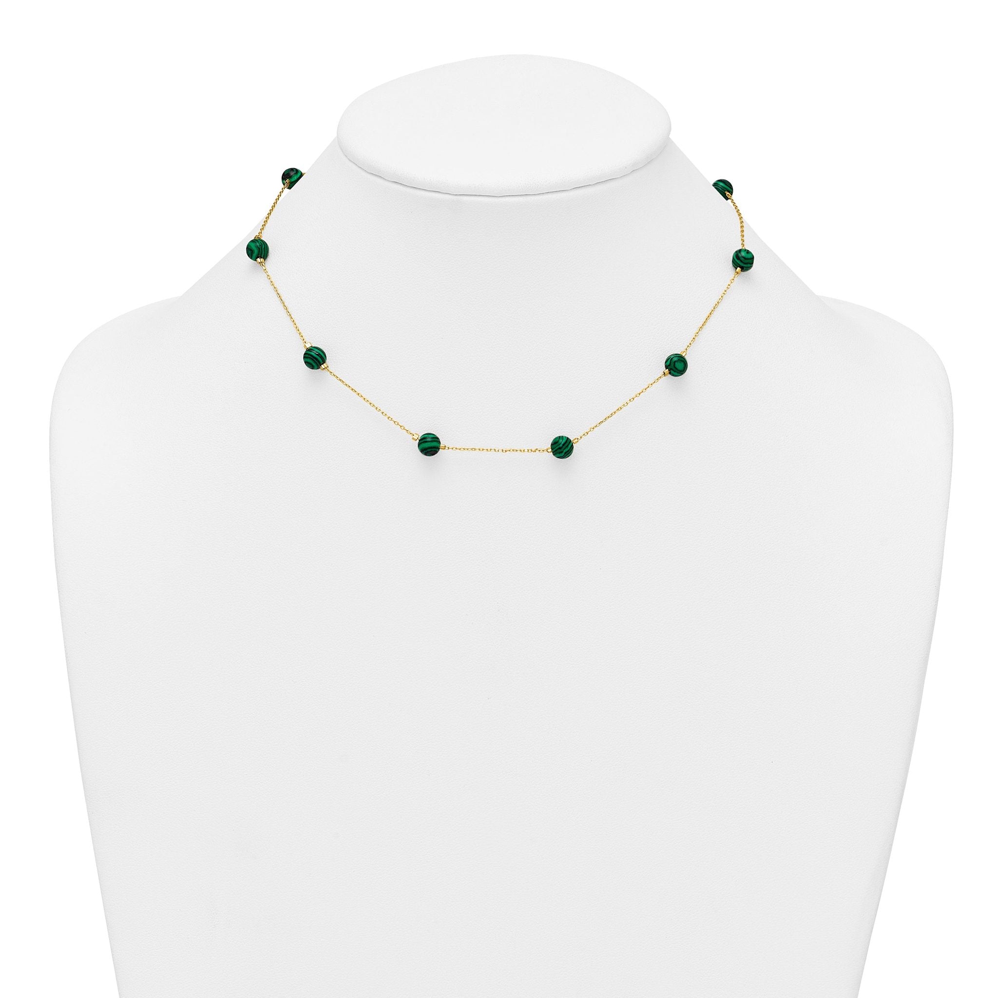 Sterling Silver Gold-Tone Polished Lab Created Malachite 16 Inch with 2 Inch Extension Necklace