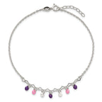 Sterling Silver Multicolor CZ and Hearts 9 inch Plus 1 inch Extender - Total 10 inch Anklet