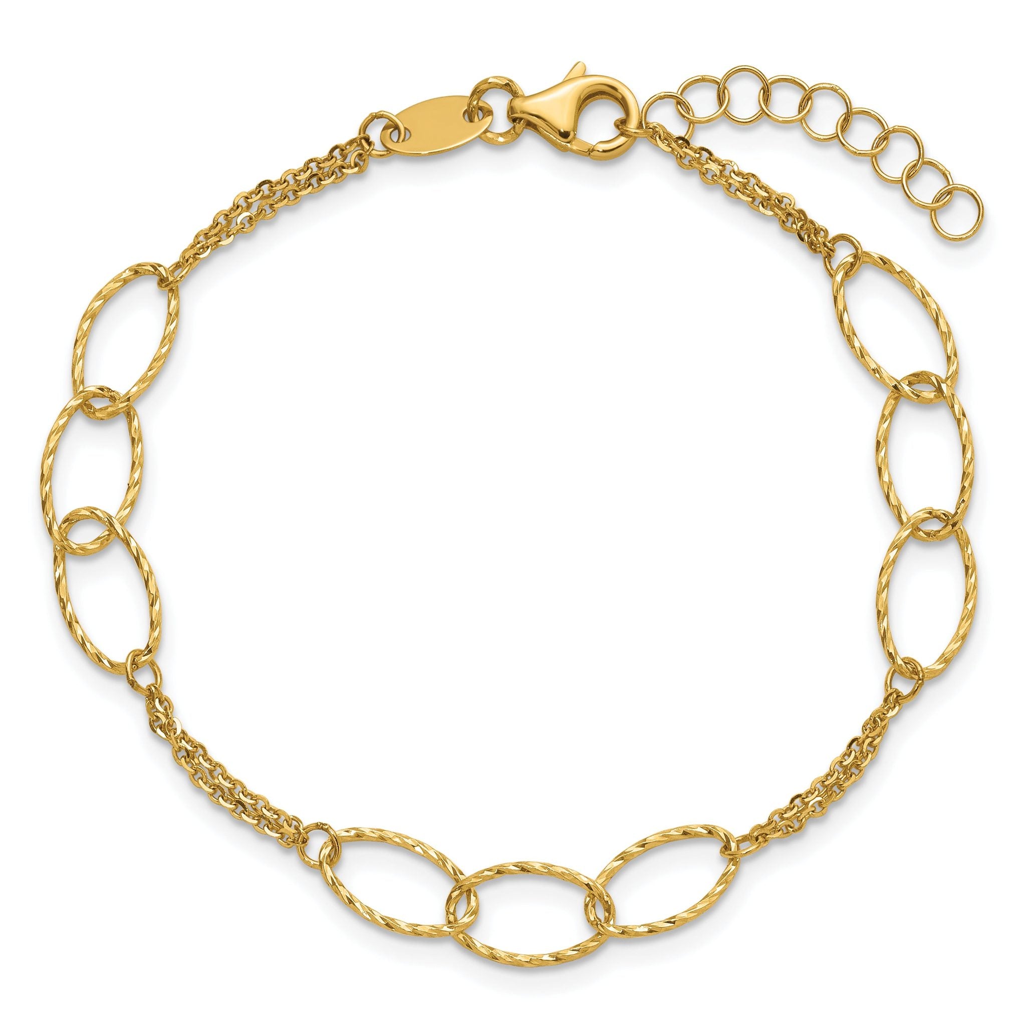 14K Polished Dia-cut  2-Strand Oval Links w/1in ext. Bracelet