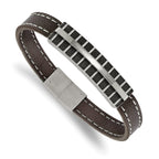 Stainless Steel Polished Black IP Lasercut Brown Leather Bracelet for Men