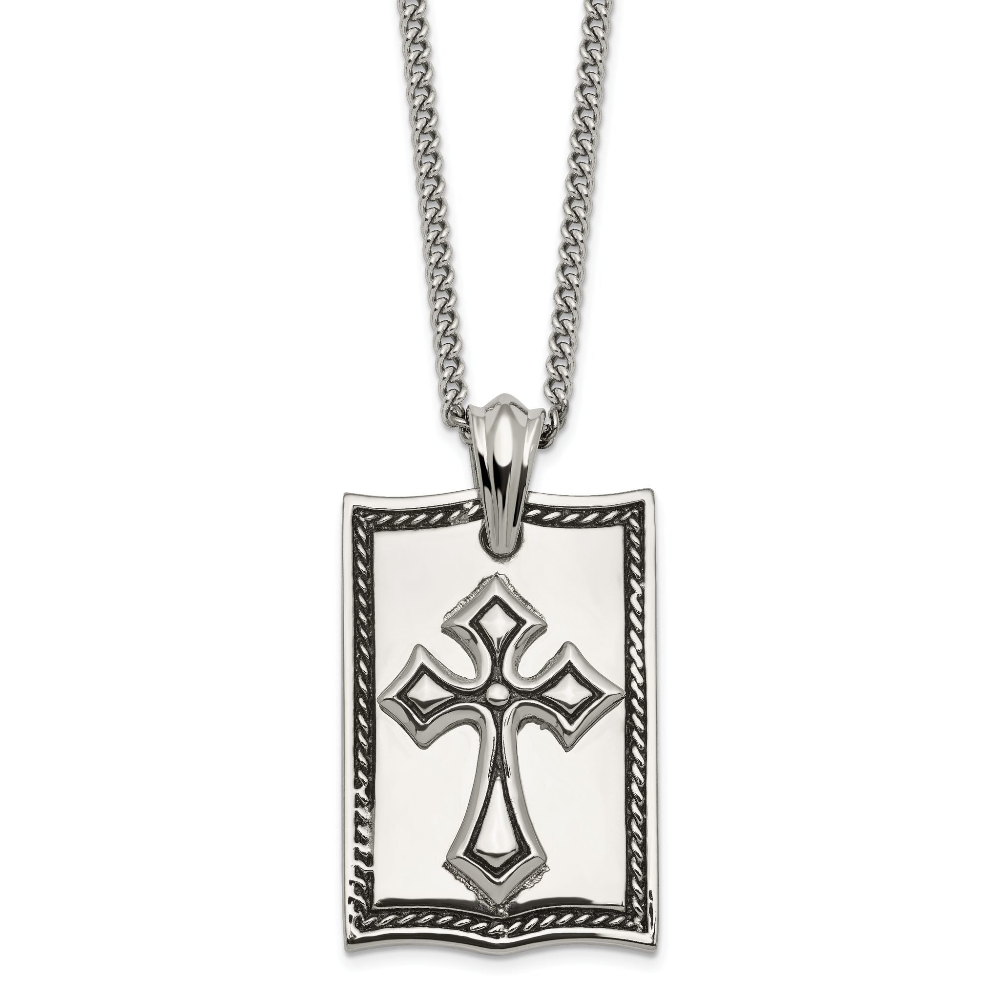 Stainless Steel Antiqued and Polished Cross Dog Tag 24in Necklace Main image