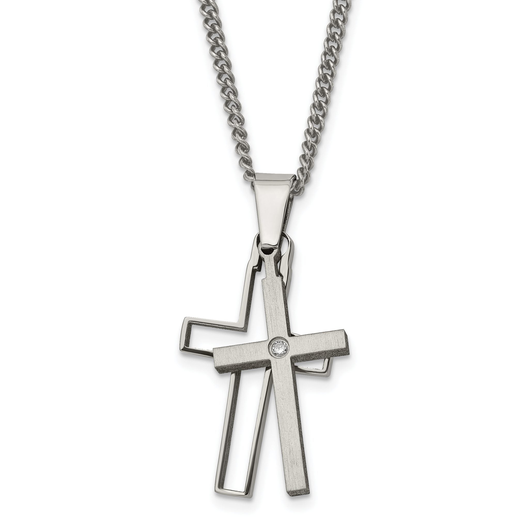 Sophia Jewelers Titanium Diamond Cross Necklace with Polished & Brushed Finish